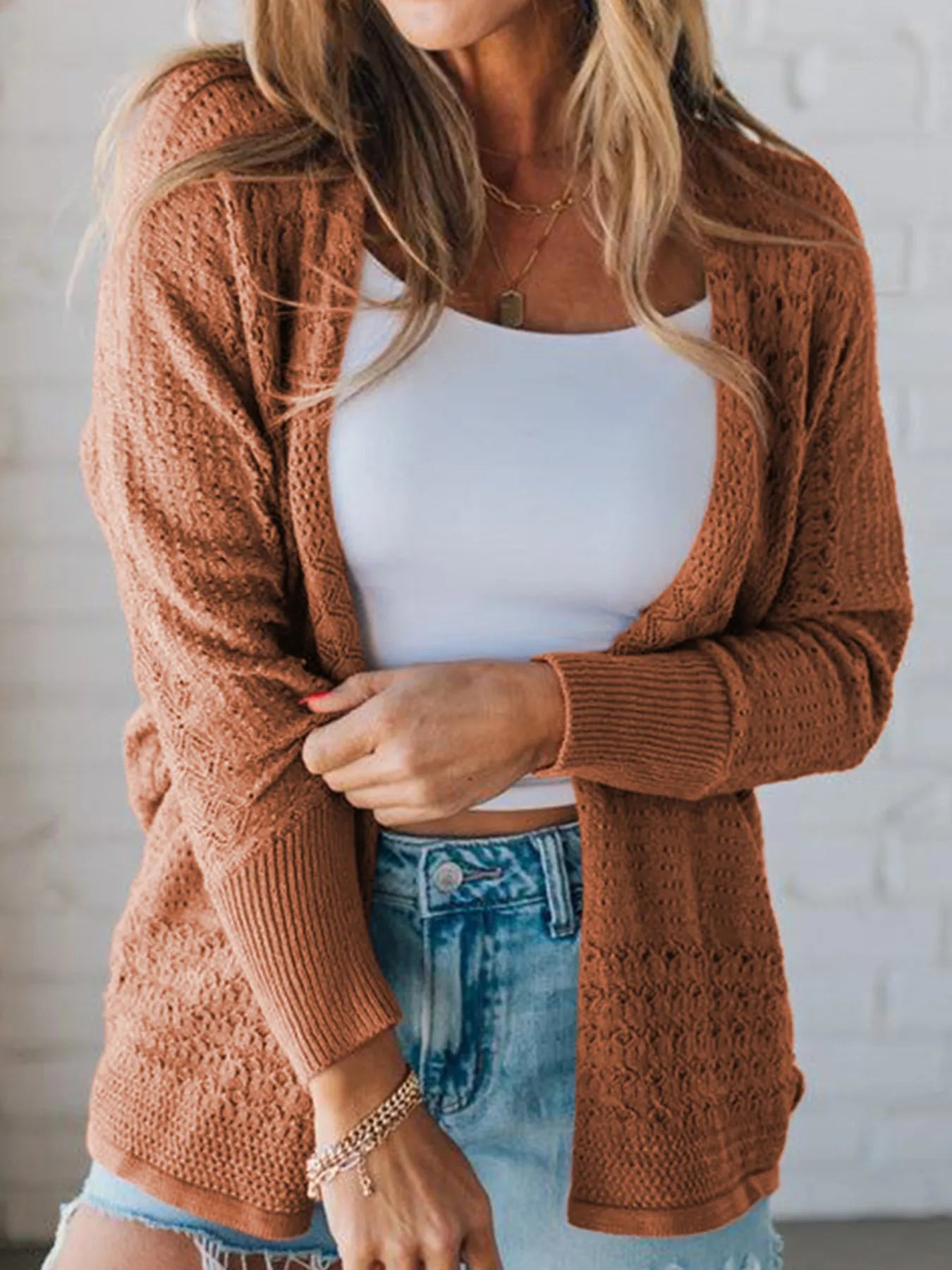 Open Front Knitted Cardigan with Eyelet Details designed for comfort and style at Lookzlike
