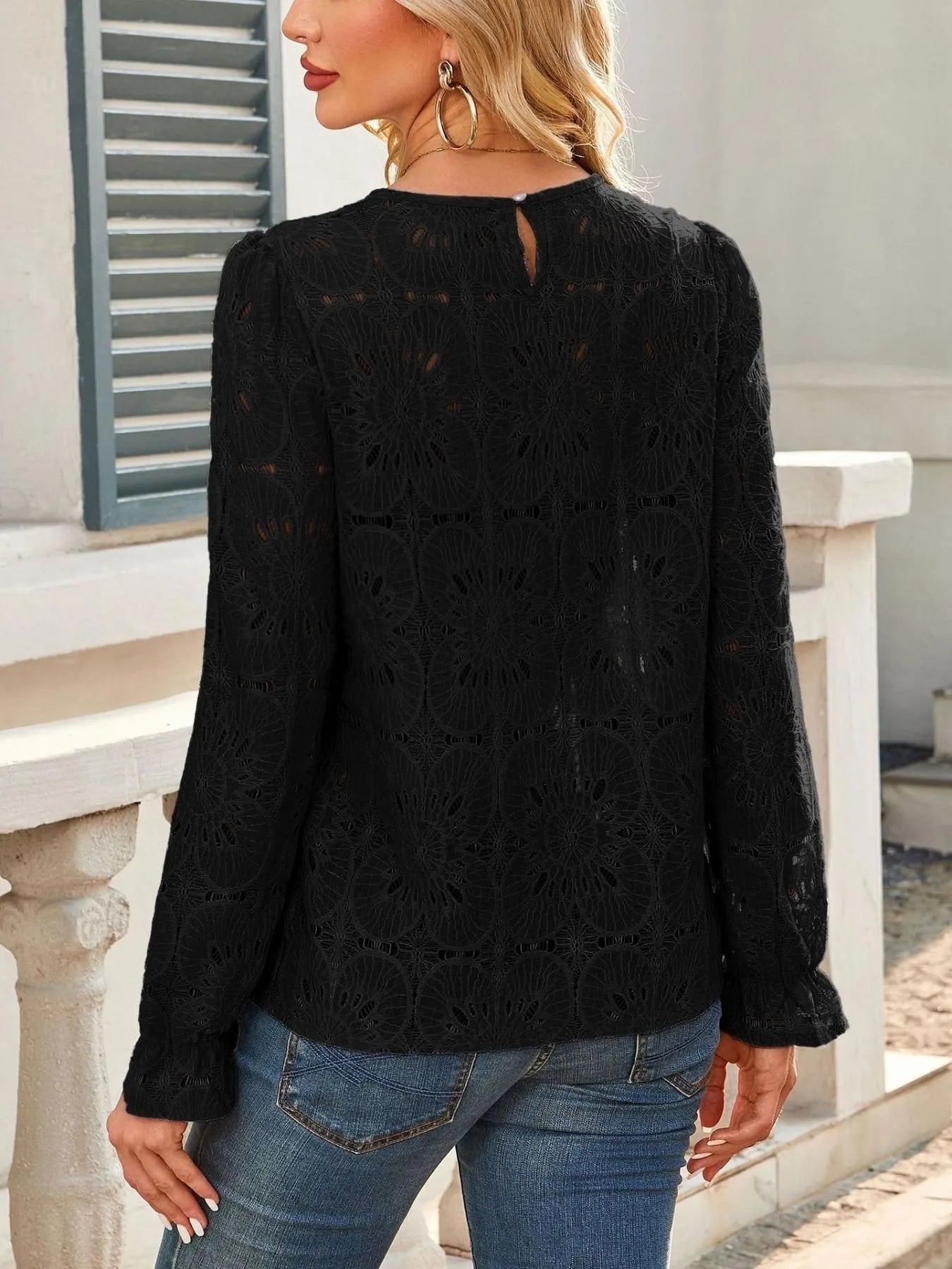Openwork Flounce Sleeve Top designed for comfort and style at Lookzlike
