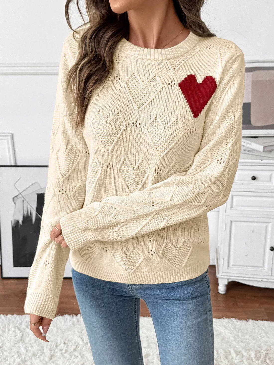 Openwork Heart Round Neck Sweater designed for comfort and style at Lookzlike
