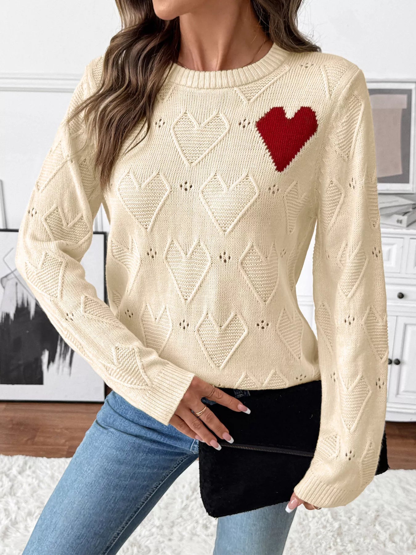 Openwork Heart Round Neck Sweater designed for comfort and style at Lookzlike