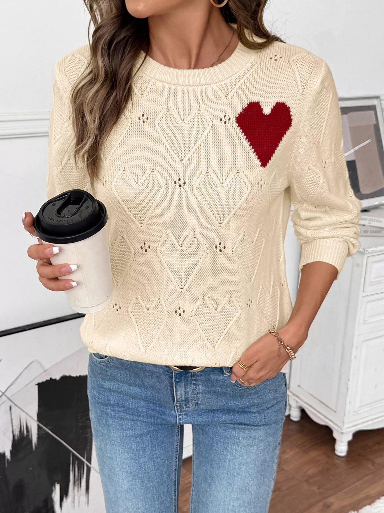 Openwork Heart Round Neck Sweater designed for comfort and style at Lookzlike