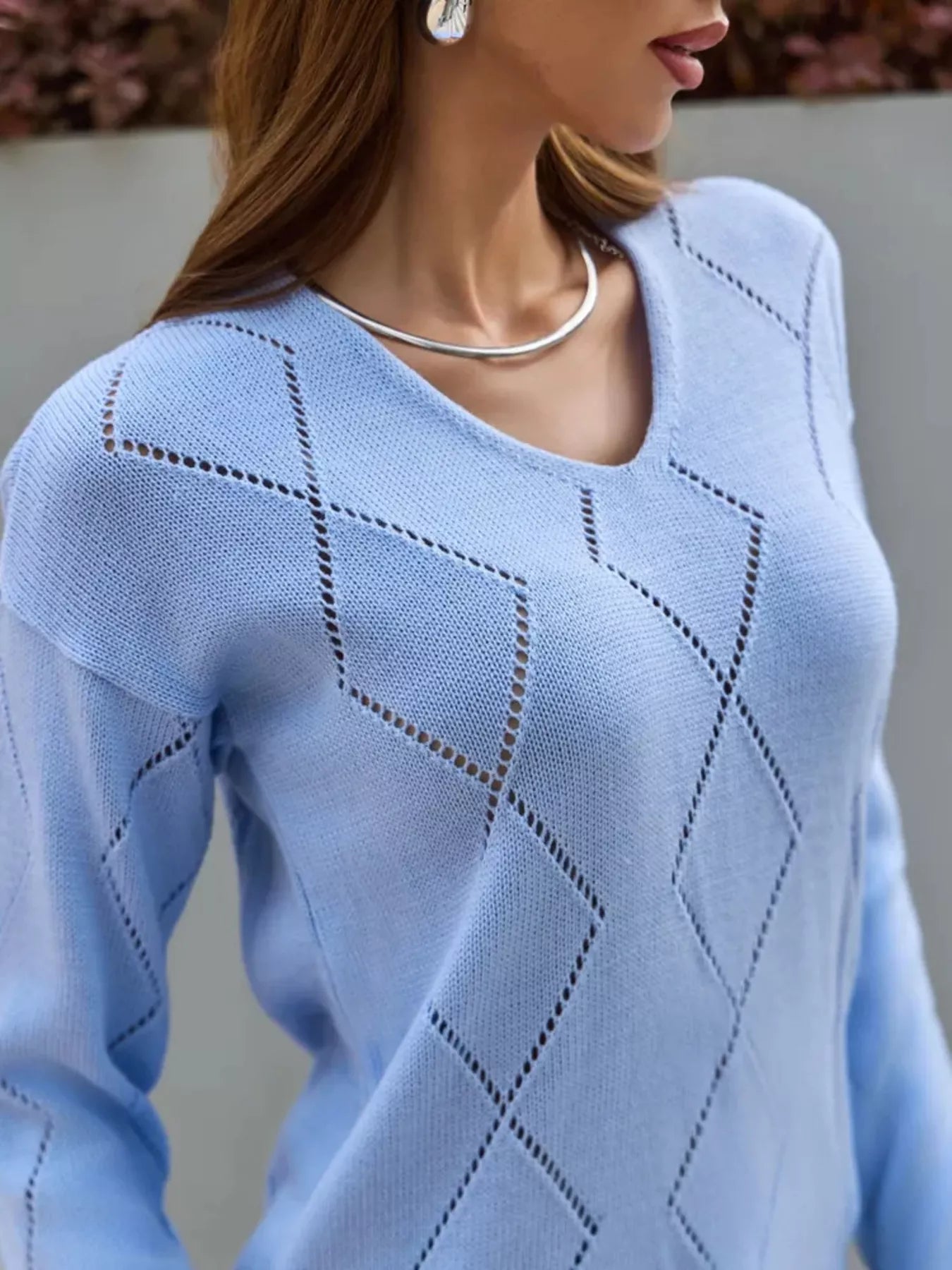 Openwork V - Neck Long Sleeve Sweater designed for comfort and style at Lookzlike