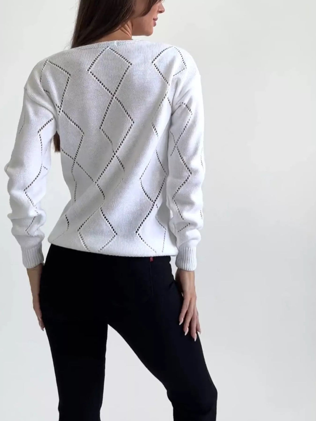 Openwork V - Neck Long Sleeve Sweater designed for comfort and style at Lookzlike
