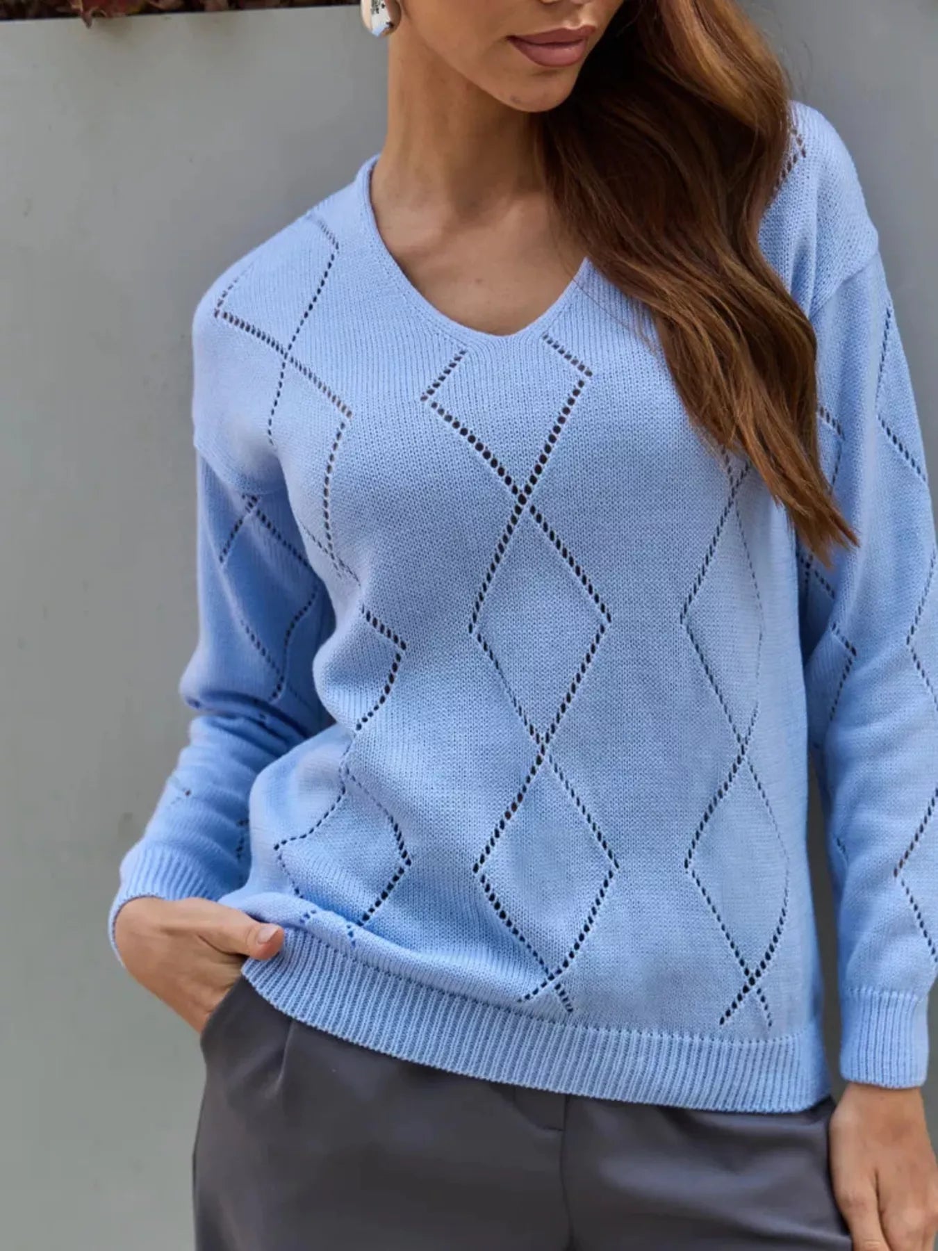 Openwork V - Neck Long Sleeve Sweater designed for comfort and style at Lookzlike