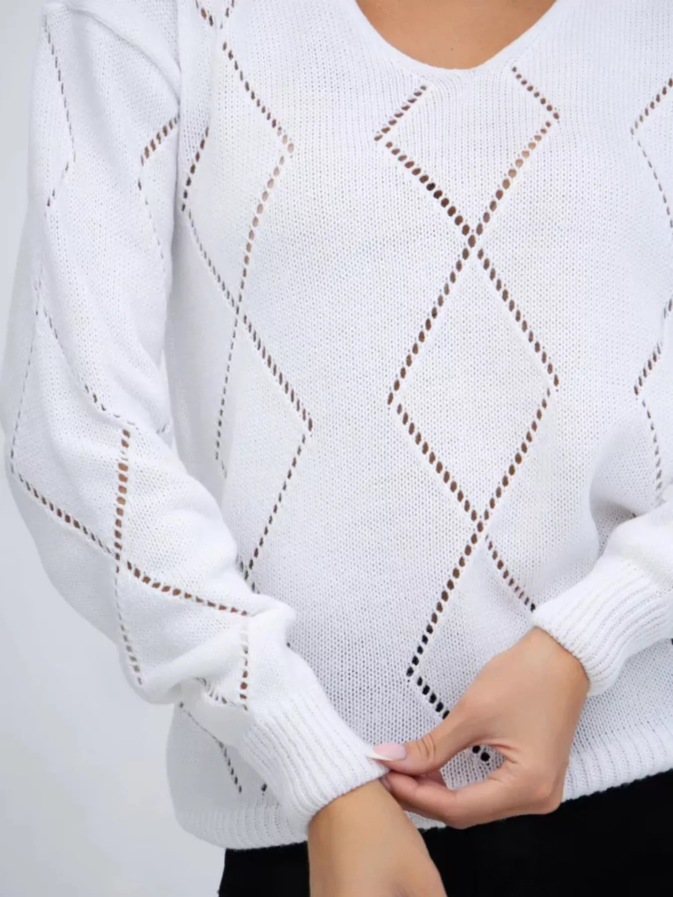 Openwork V - Neck Long Sleeve Sweater designed for comfort and style at Lookzlike