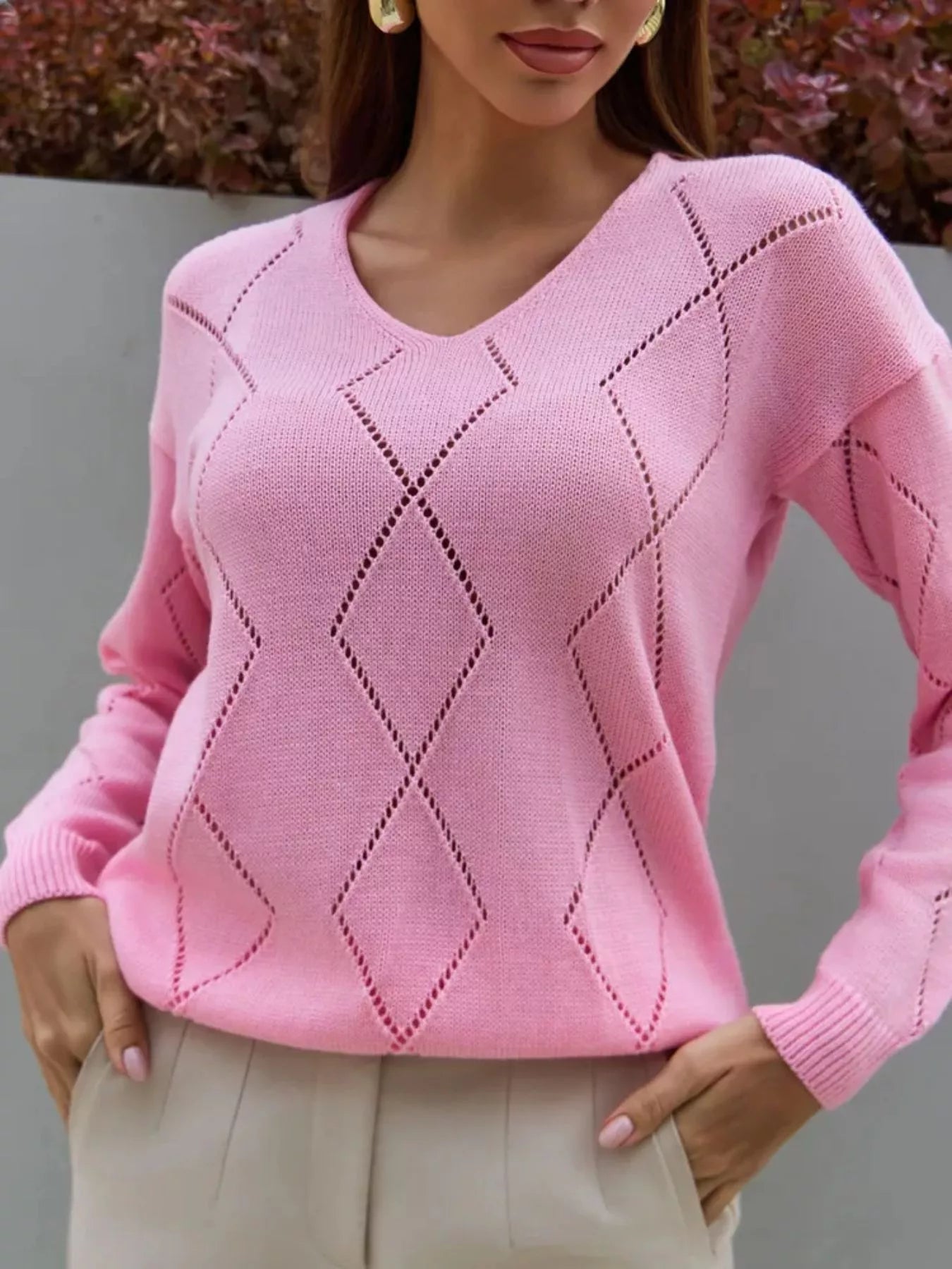 Openwork V - Neck Sweater designed for comfort and style at Lookzlike