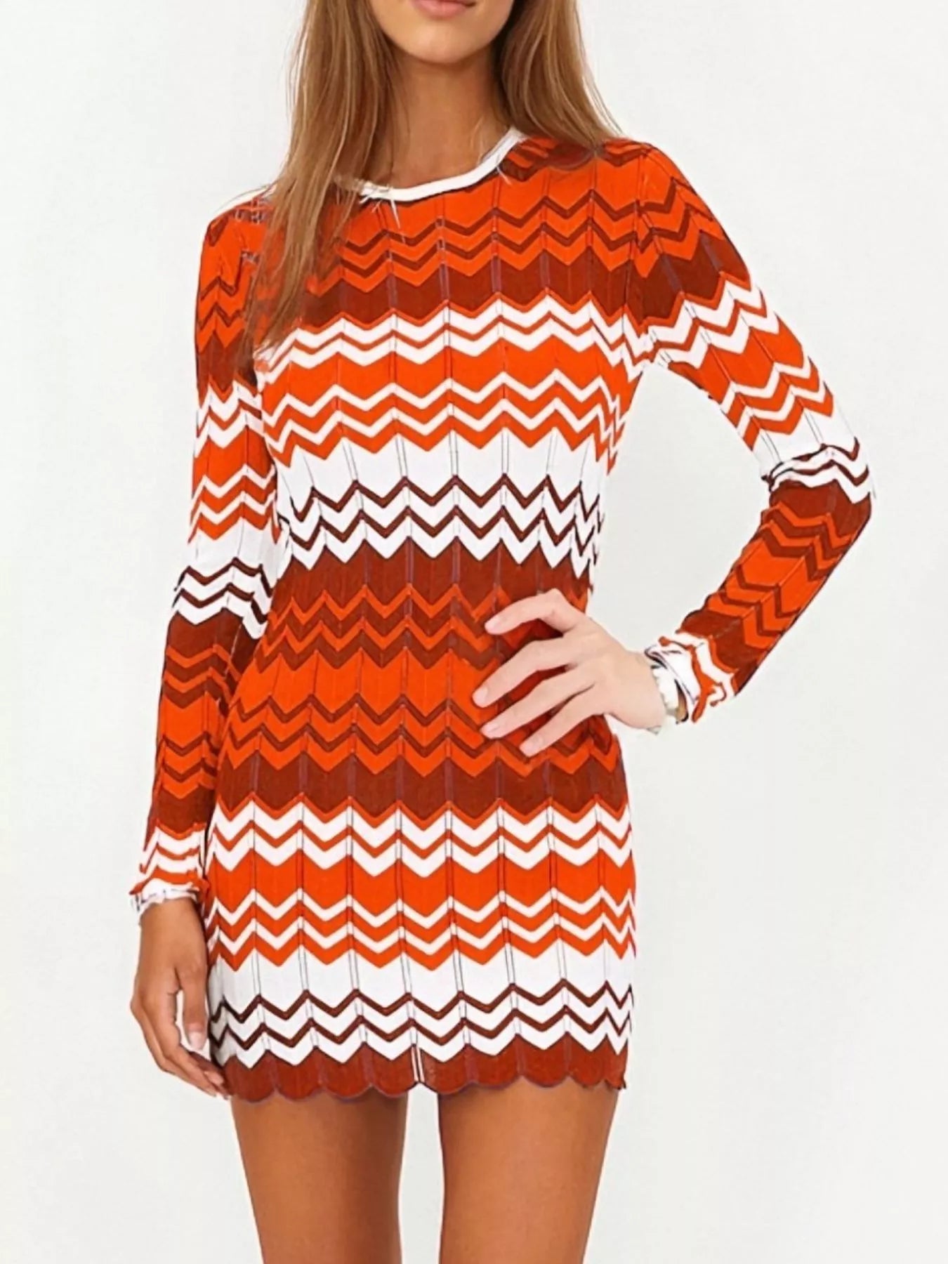 Openwork Wave Pattern Long Sleeve Sweater Dress designed for comfort and style at Lookzlike