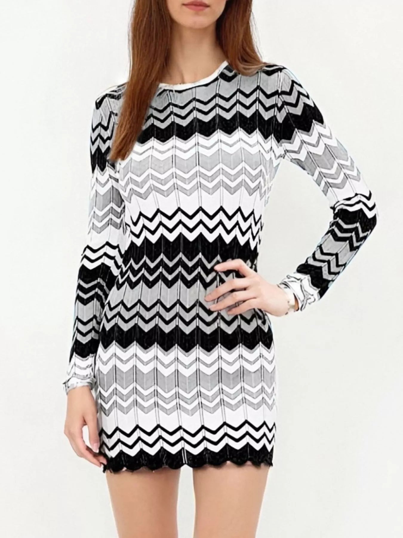 Openwork Wave Pattern Long Sleeve Sweater Dress designed for comfort and style at Lookzlike