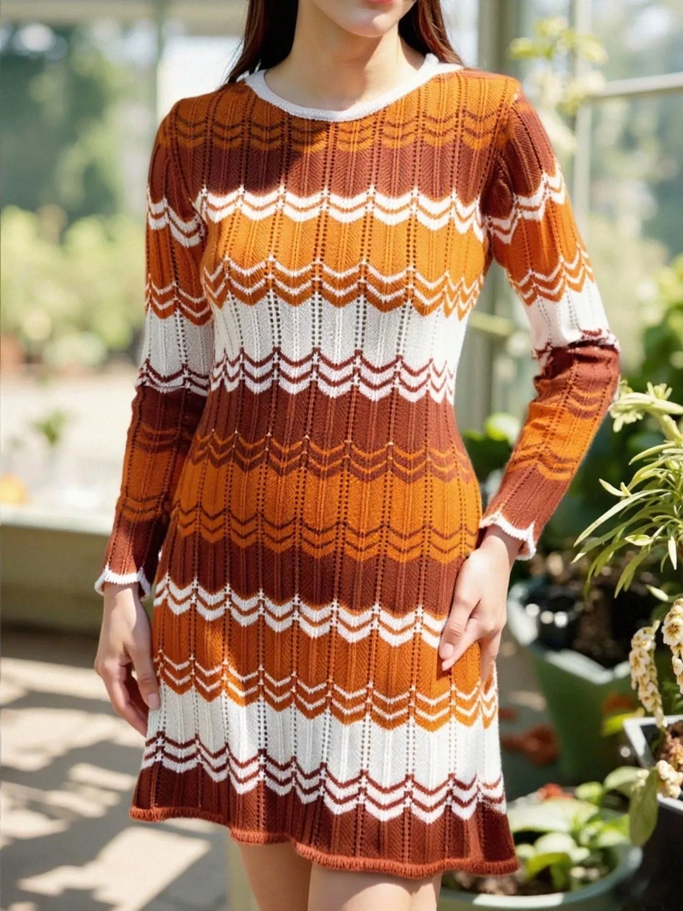 Openwork Wave Pattern Long Sleeve Sweater Dress designed for comfort and style at Lookzlike