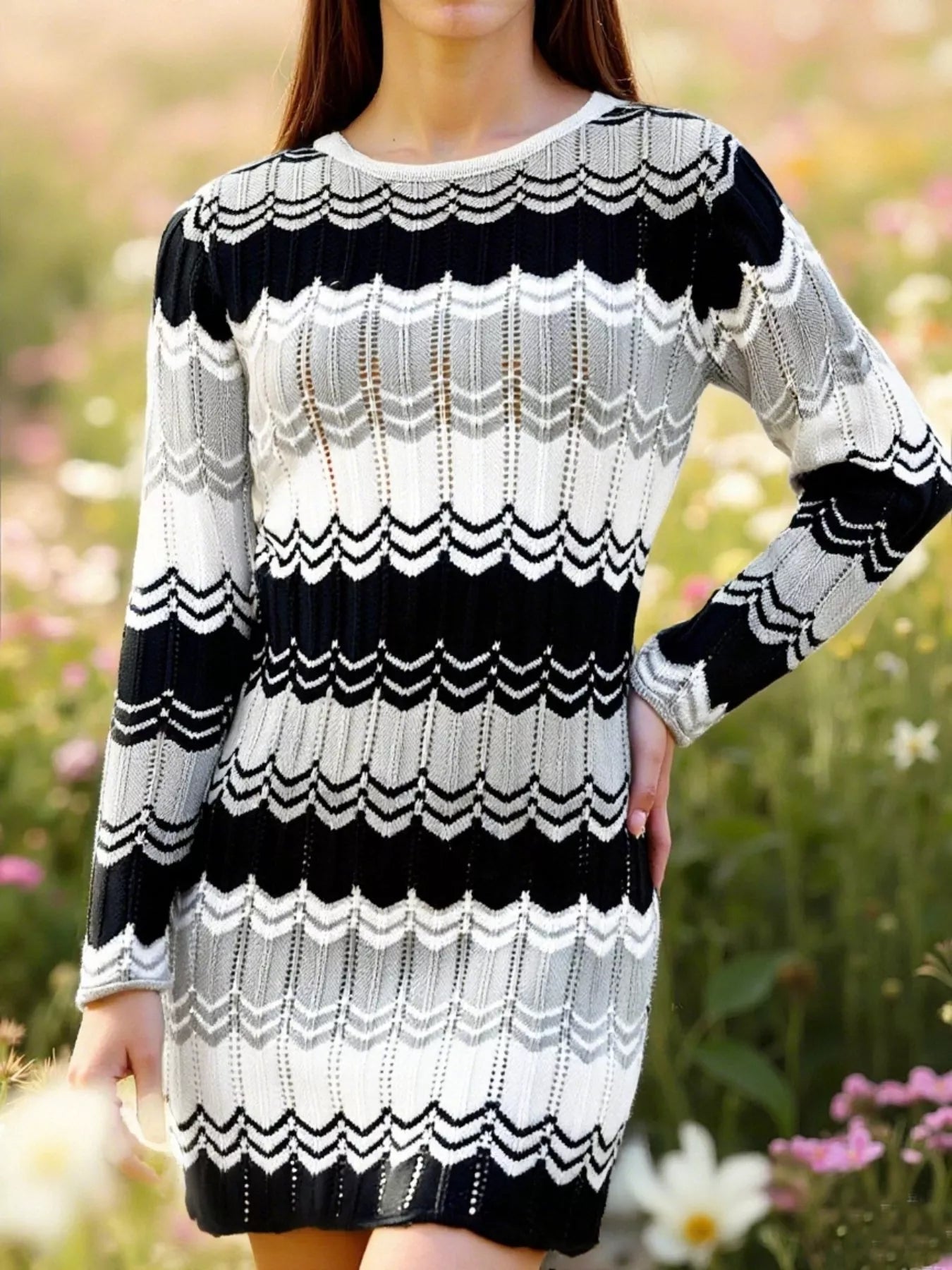 Openwork Wave Pattern Long Sleeve Sweater Dress designed for comfort and style at Lookzlike