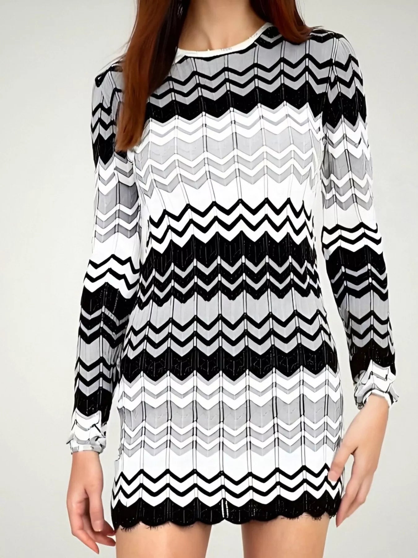 Openwork Wave Pattern Long Sleeve Sweater Dress designed for comfort and style at Lookzlike