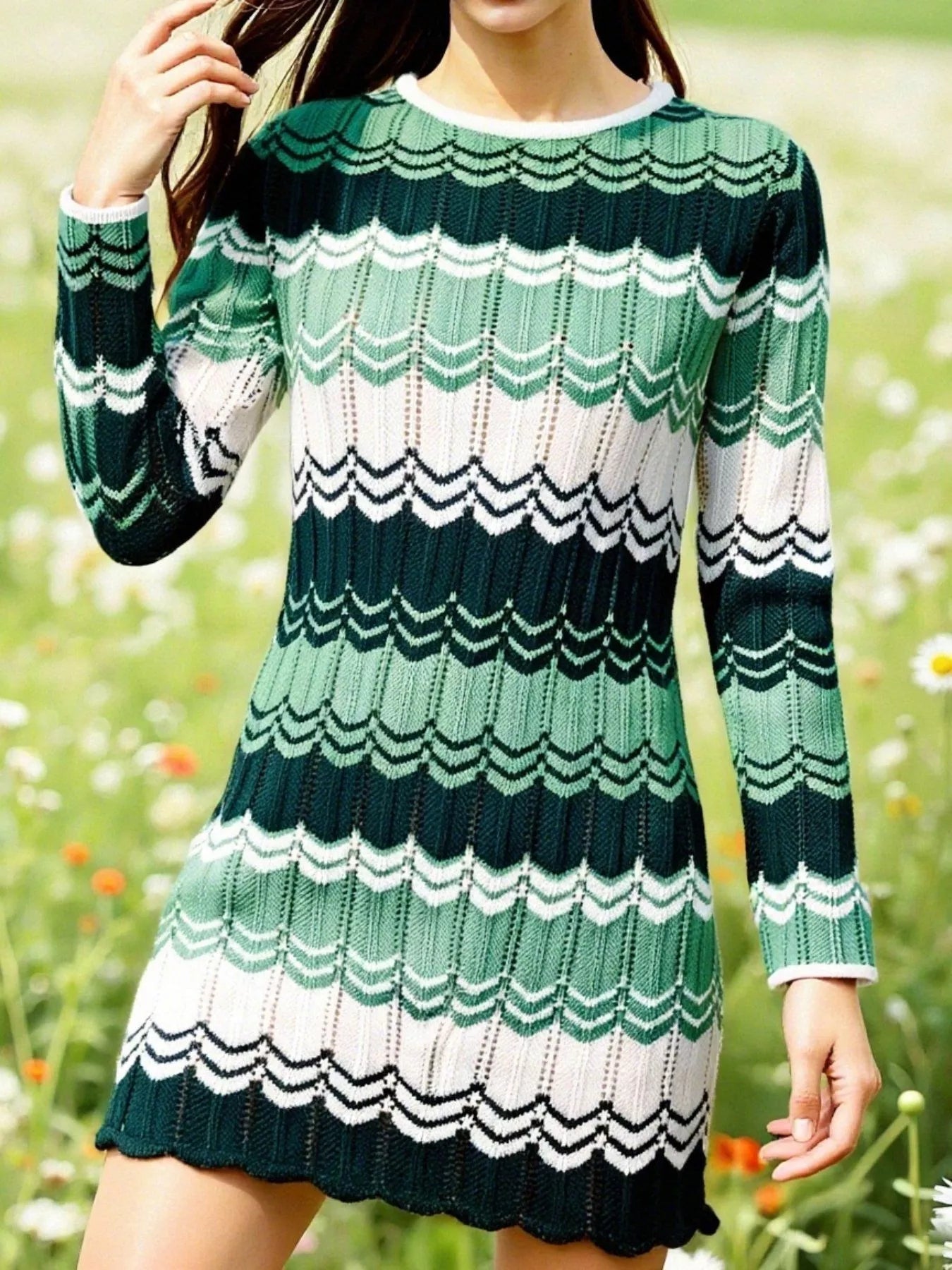 Openwork Wave Pattern Long Sleeve Sweater Dress designed for comfort and style at Lookzlike