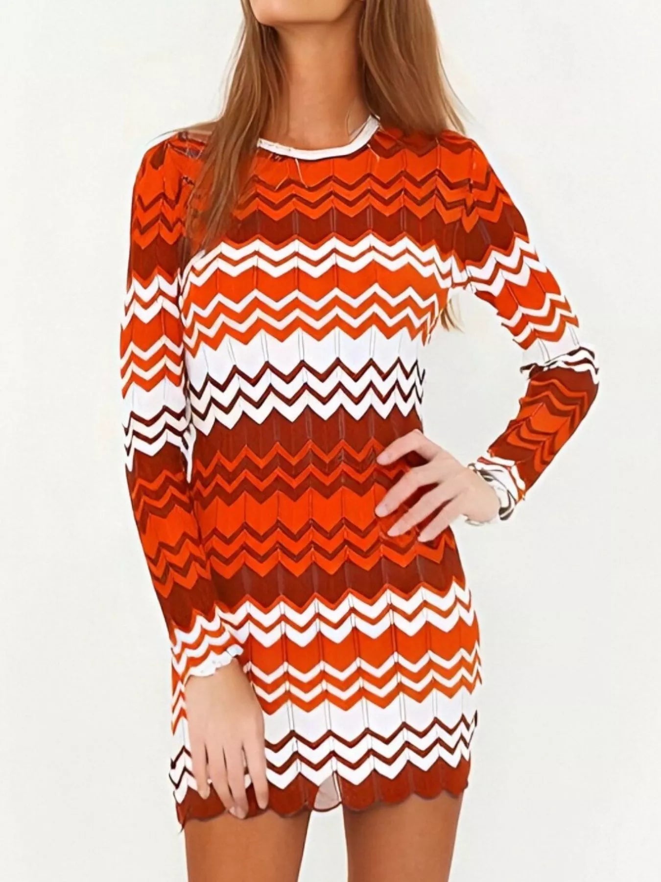 Openwork Wave Pattern Long Sleeve Sweater Dress designed for comfort and style at Lookzlike