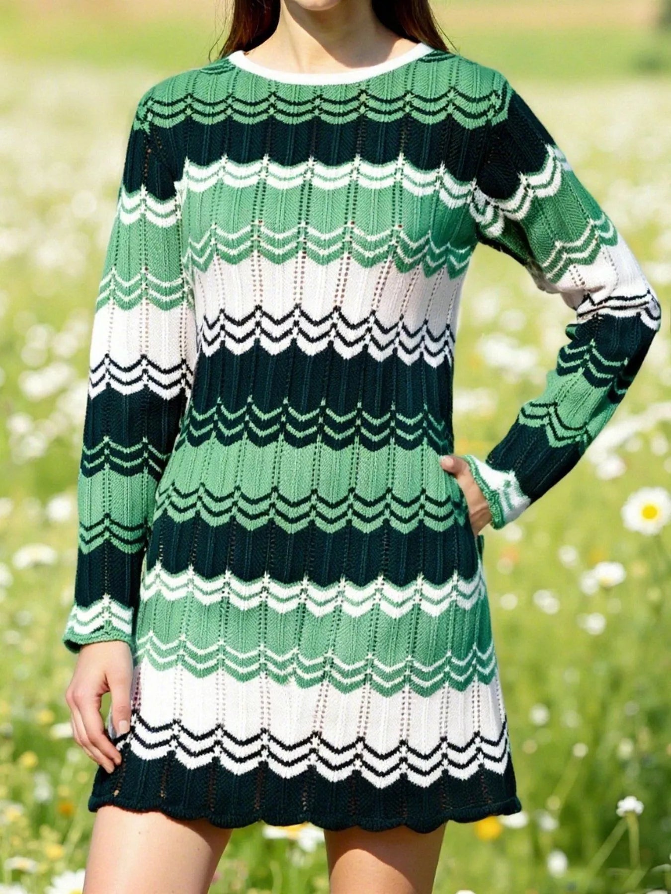 Openwork Wave Pattern Long Sleeve Sweater Dress designed for comfort and style at Lookzlike