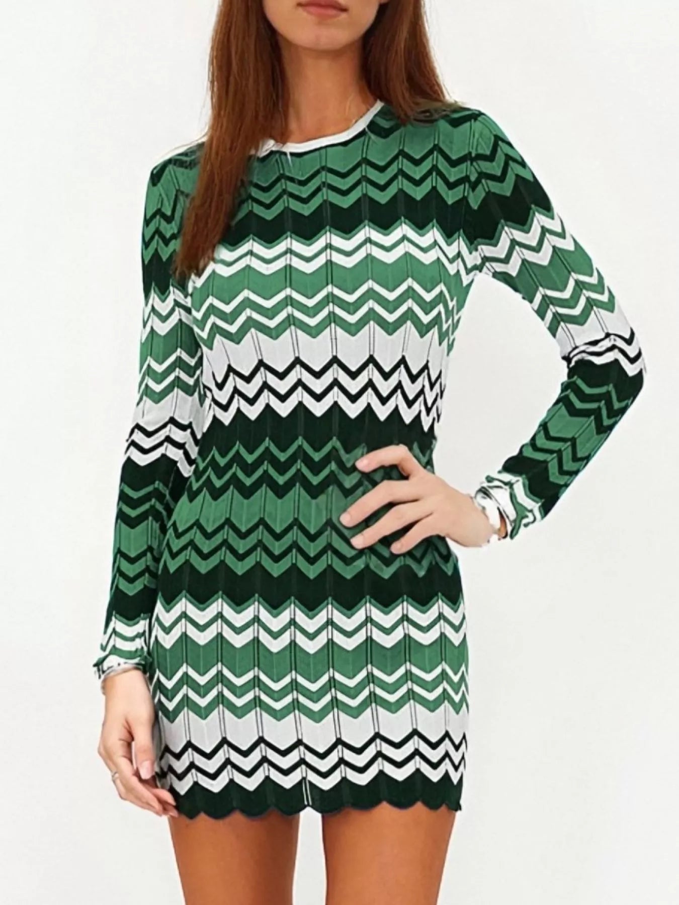 Openwork Wave Pattern Long Sleeve Sweater Dress designed for comfort and style at Lookzlike