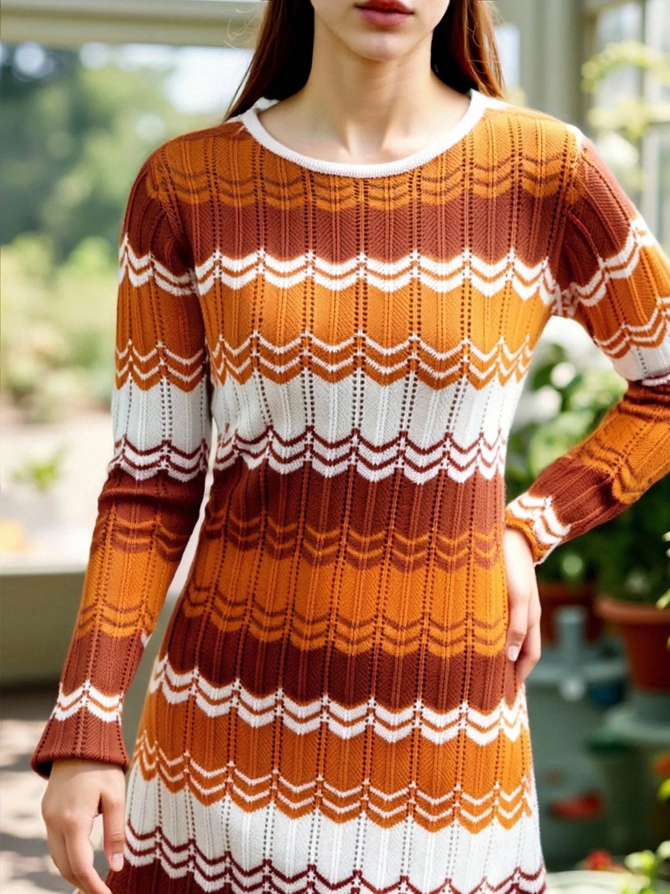 Openwork Wave Pattern Long Sleeve Sweater Dress designed for comfort and style at Lookzlike