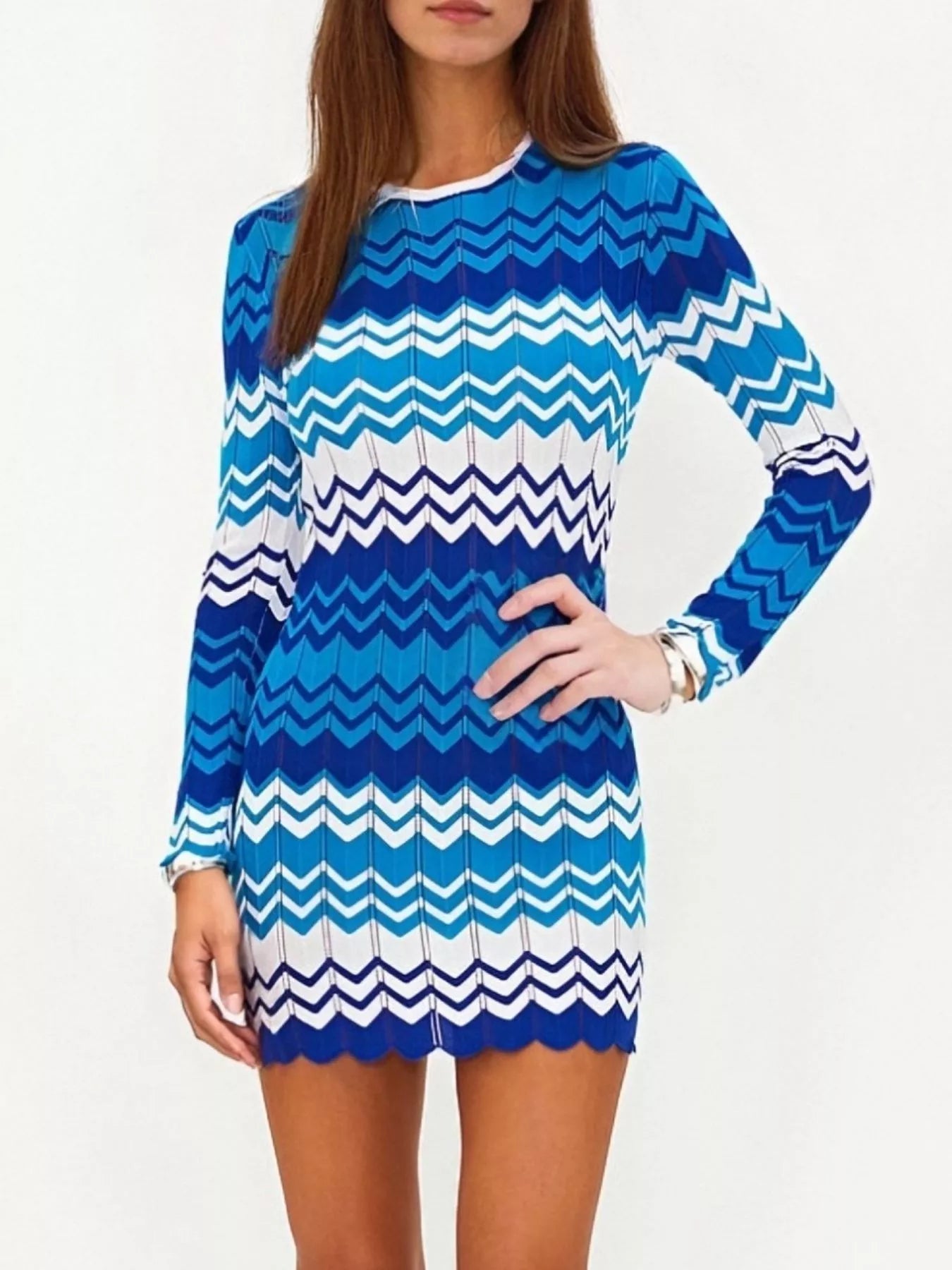 Openwork Wave Pattern Long Sleeve Sweater Dress designed for comfort and style at Lookzlike
