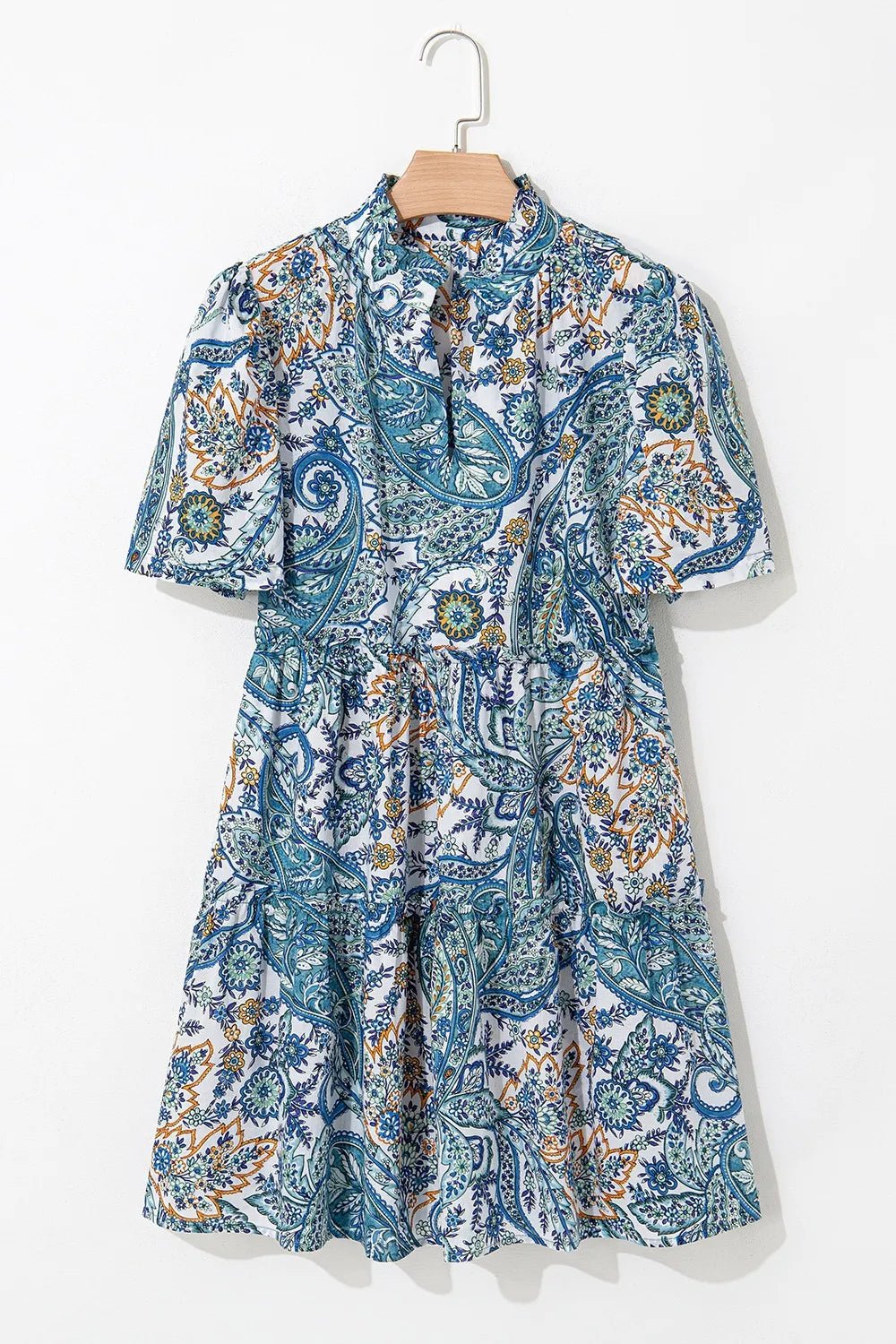 Paisley Floral V Neck Short Sleeve Mini Dress designed for comfort and style at Lookzlike