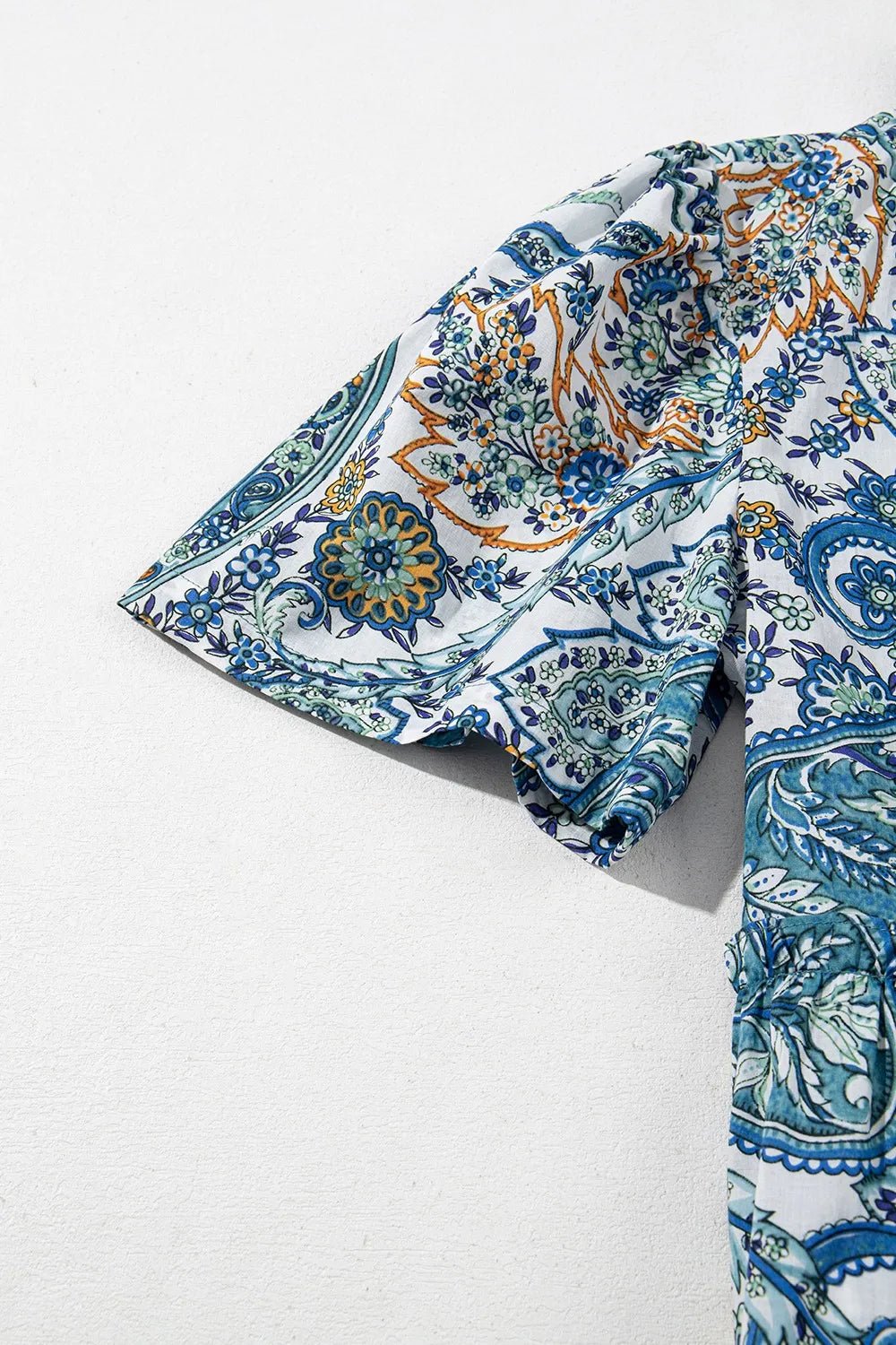 Paisley Floral V Neck Short Sleeve Mini Dress designed for comfort and style at Lookzlike