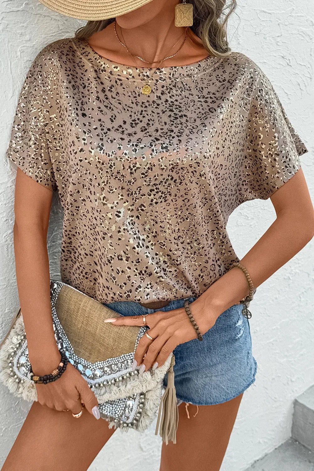 Parchment Shimmer Leopard Print Dolman Sleeve T Shirt - Lookzlike