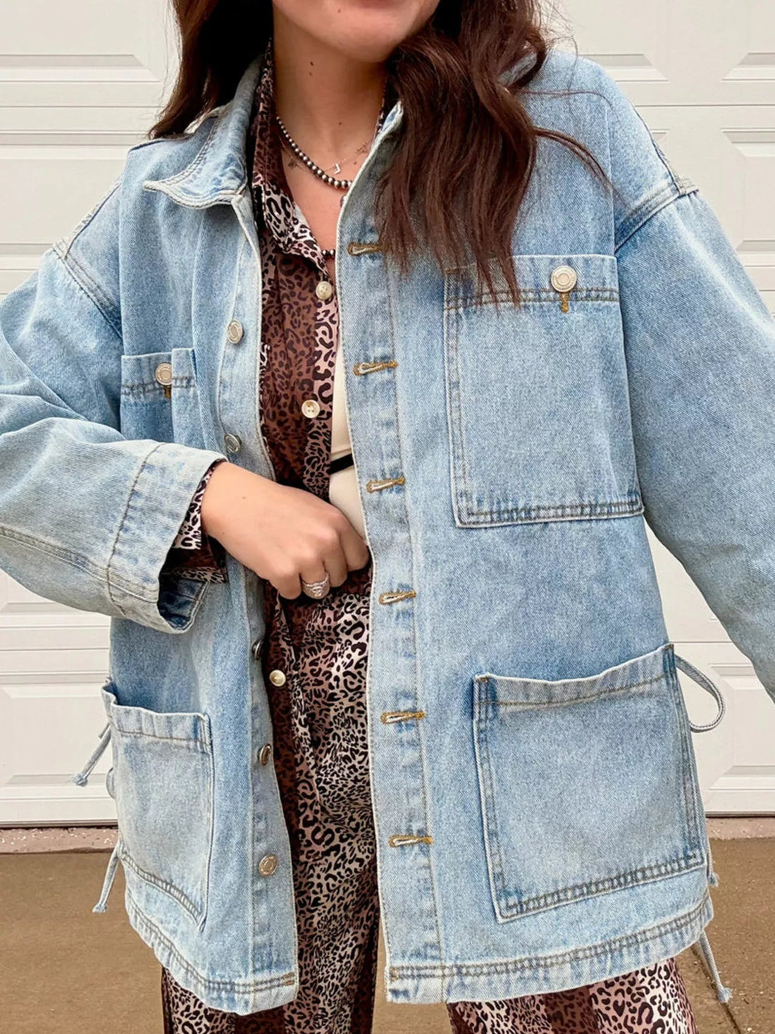 Patched Pockets Side Tie Denim Jacket designed for comfort and style at Lookzlike