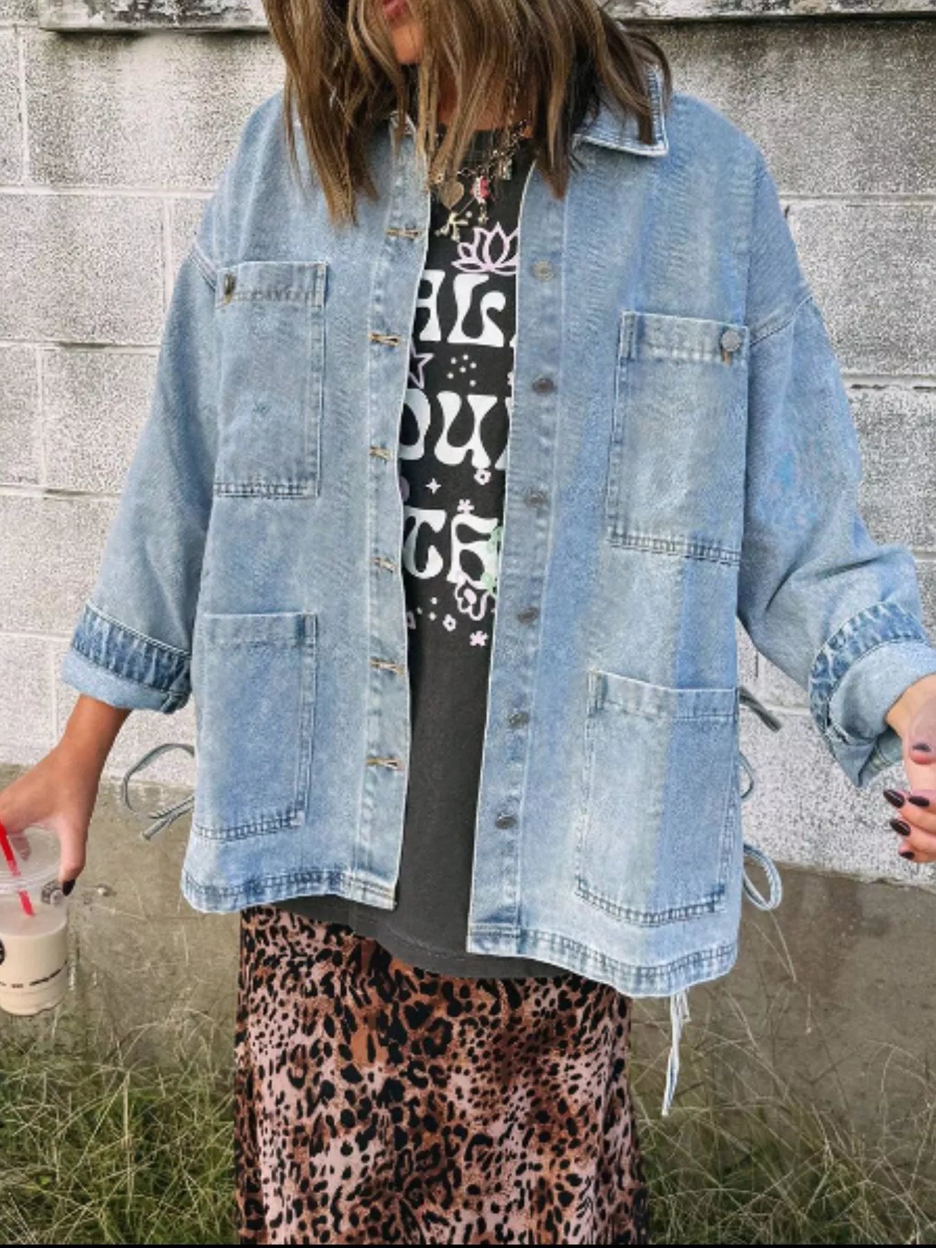 Patched Pockets Side Tie Denim Jacket designed for comfort and style at Lookzlike