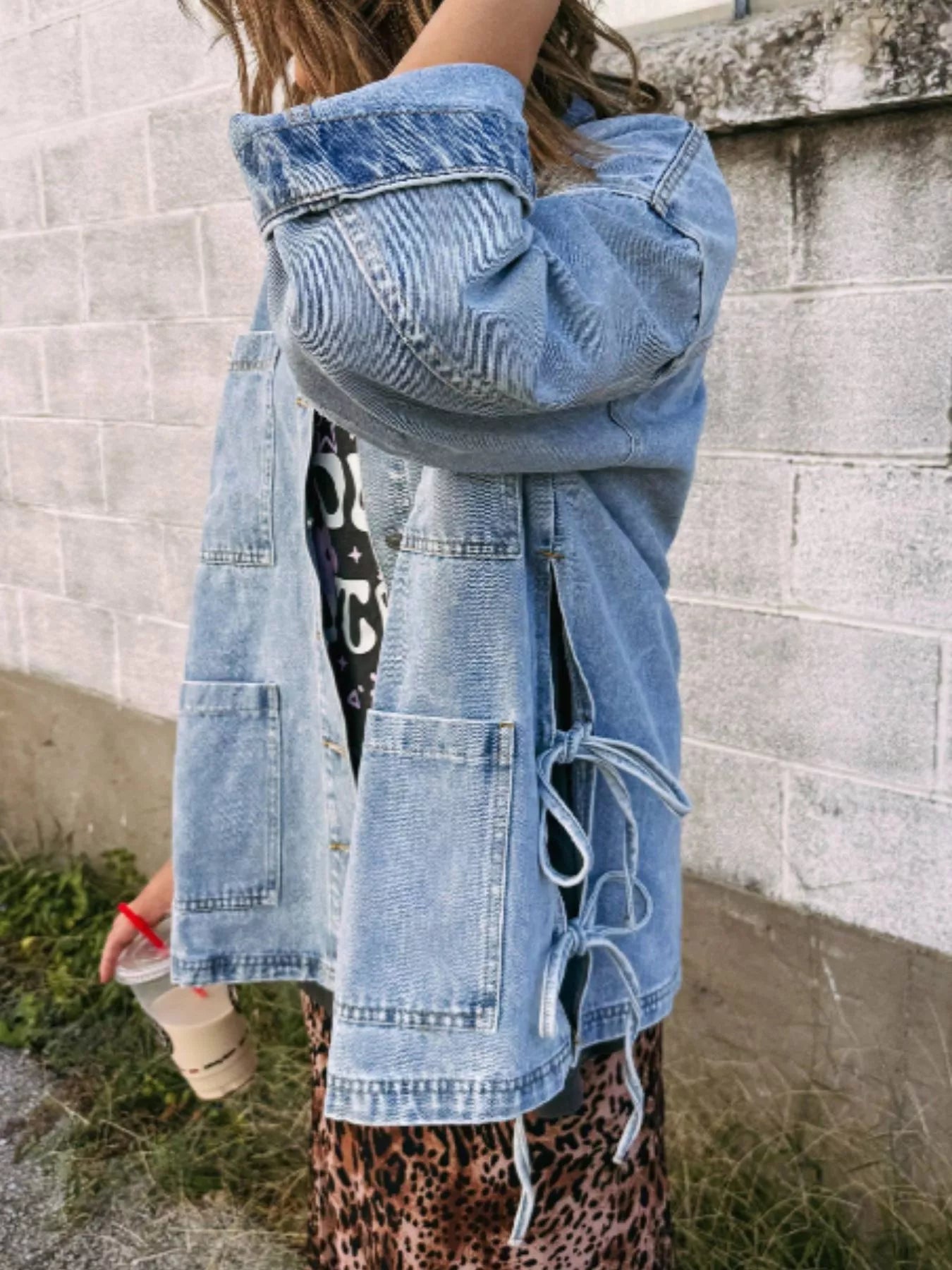 Patched Pockets Side Tie Denim Jacket designed for comfort and style at Lookzlike