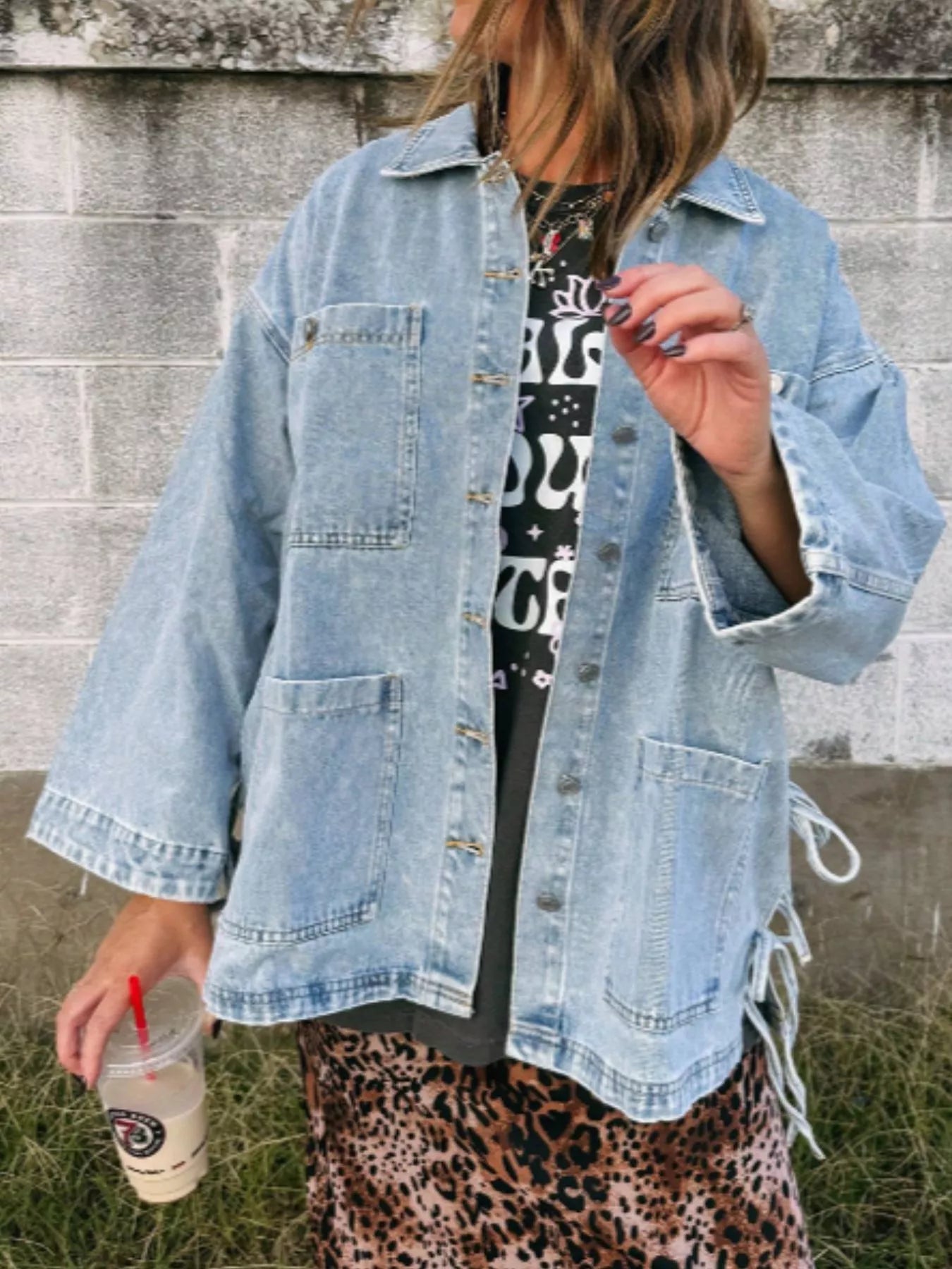 Patched Pockets Side Tie Denim Jacket designed for comfort and style at Lookzlike