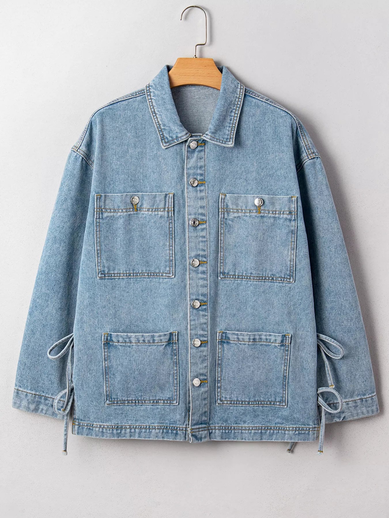 Patched Pockets Side Tie Denim Jacket designed for comfort and style at Lookzlike