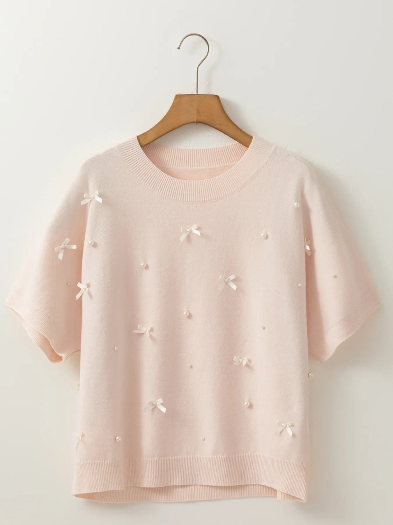 Pearl Embellished Bow Detail Short Sleeve Sweater - Lookzlike
