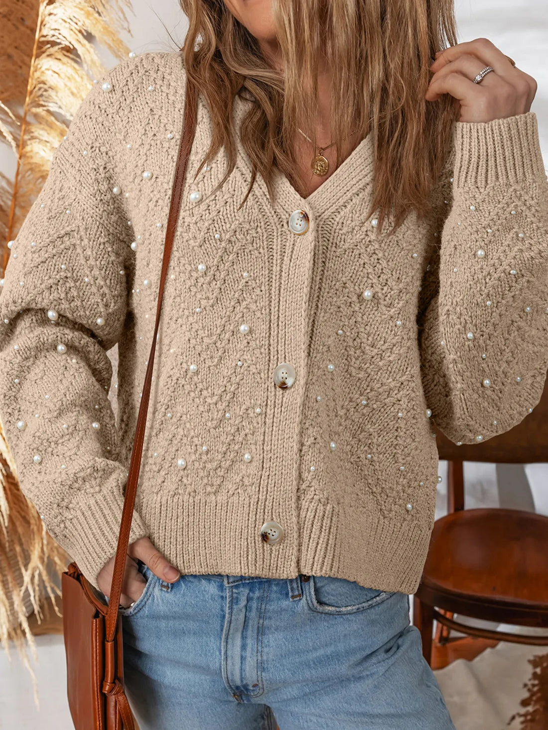 Pearl Embellished Button Front V Neck Sweater Cardigan designed for comfort and style at Lookzlike