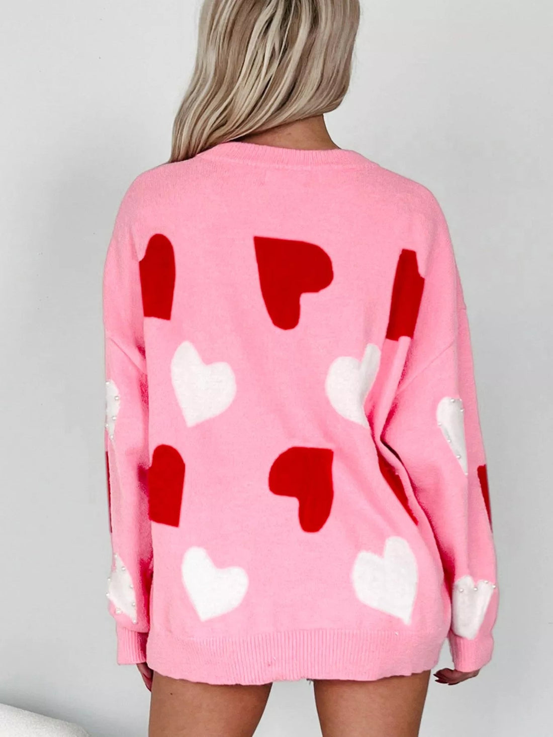 Pearl Embellished Heart Pattern Valentines Day Sweater designed for comfort and style at Lookzlike
