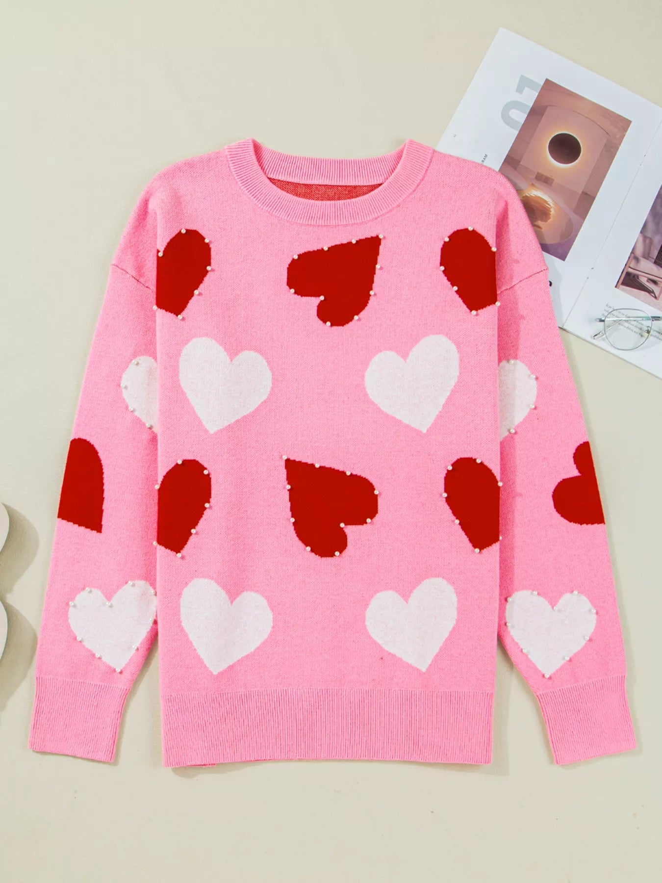 Pearl Embellished Heart Pattern Valentines Day Sweater designed for comfort and style at Lookzlike