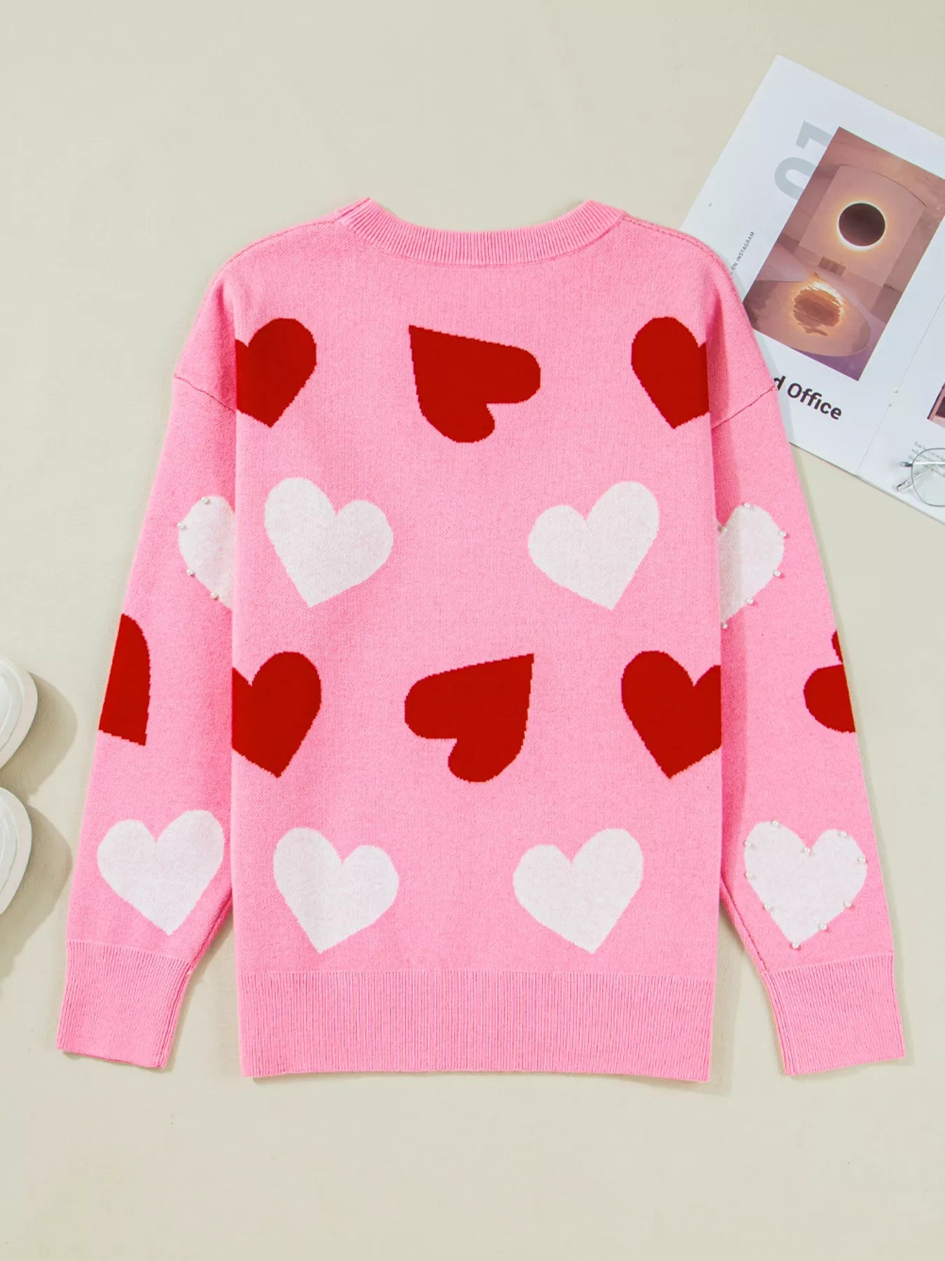 Pearl Embellished Heart Pattern Valentines Day Sweater designed for comfort and style at Lookzlike