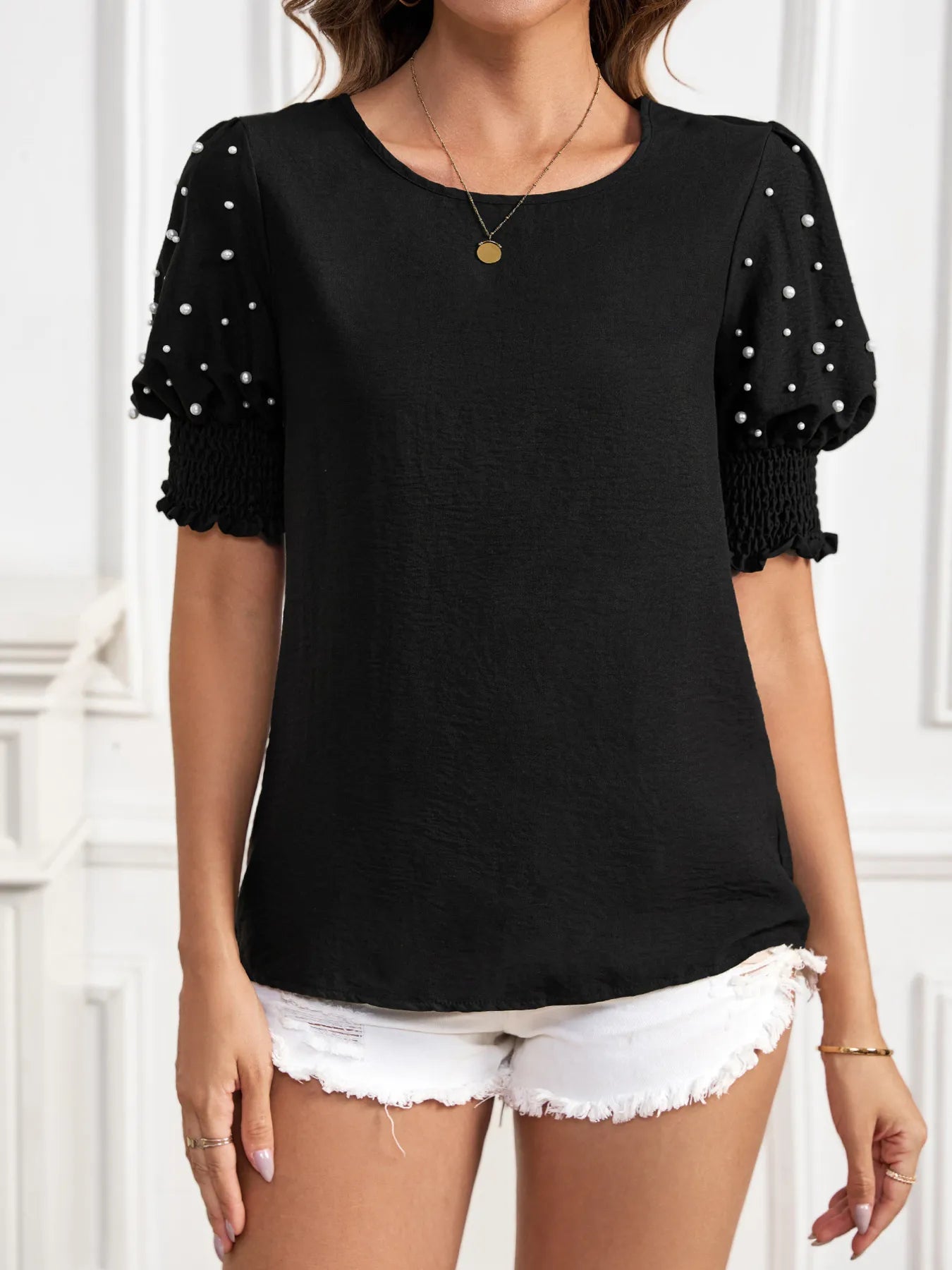 Pearl Embellished Puff Sleeve Blouse - Lookzlike