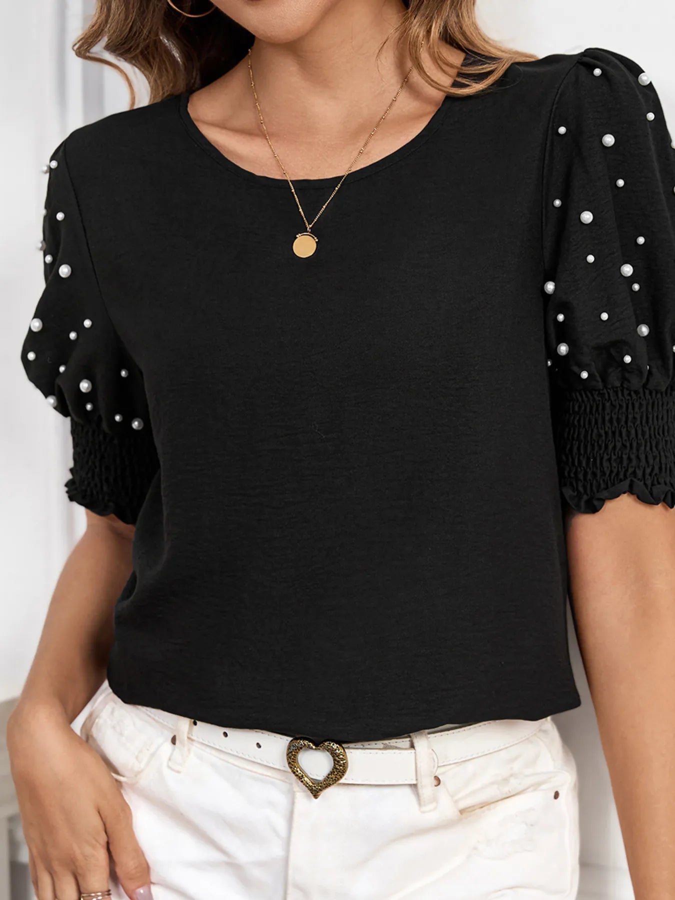 Pearl Embellished Puff Sleeve Blouse - Lookzlike