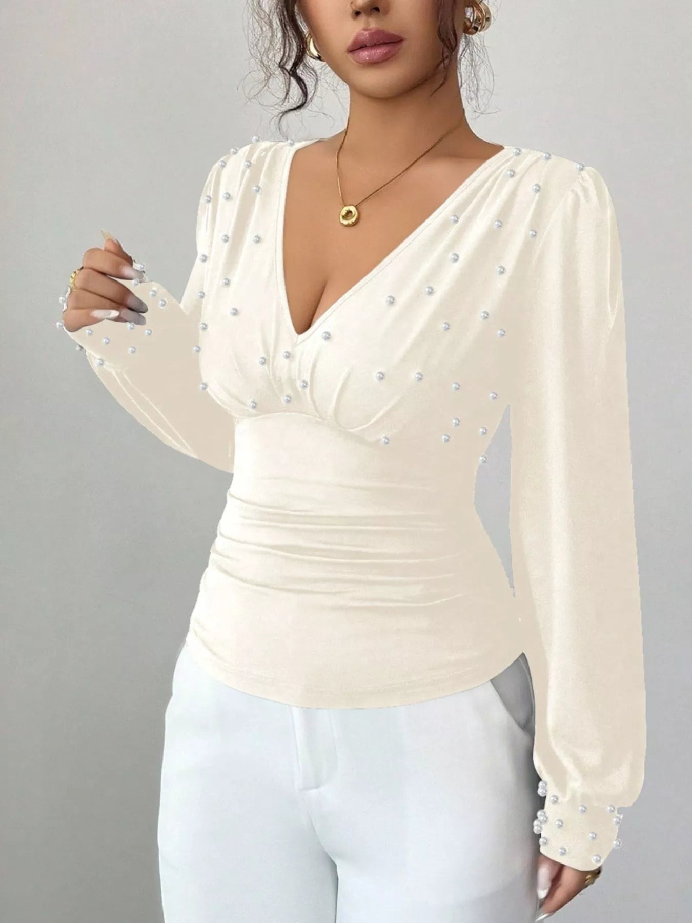 Pearl Embellished V - Neck Blouse designed for comfort and style at Lookzlike
