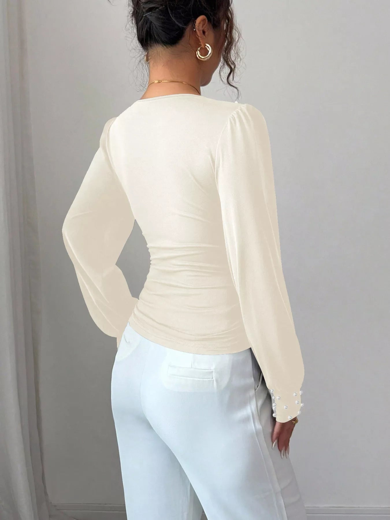 Pearl Embellished V - Neck Blouse designed for comfort and style at Lookzlike