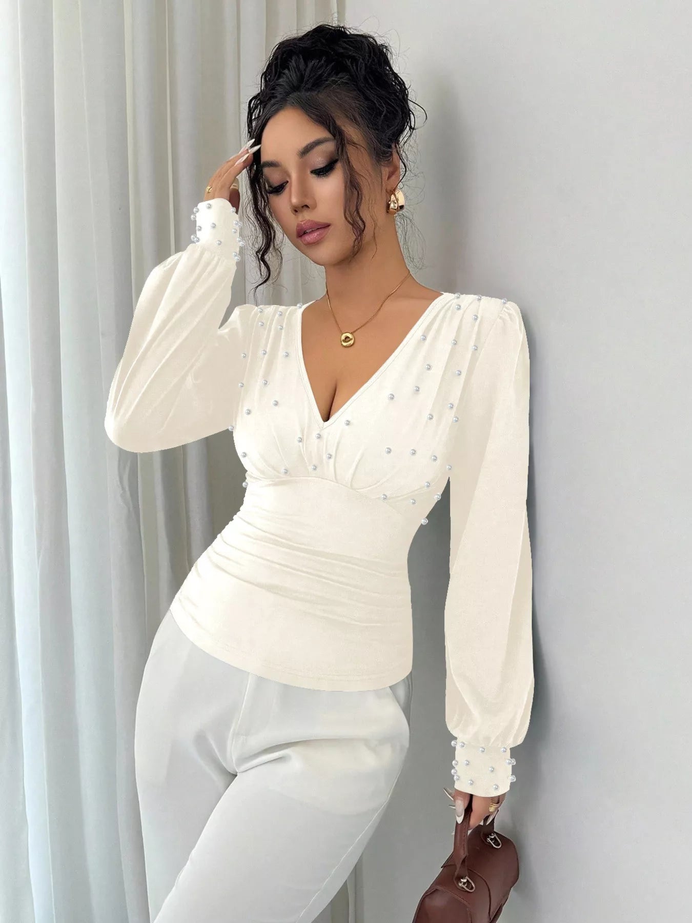 Pearl Embellished V - Neck Blouse designed for comfort and style at Lookzlike