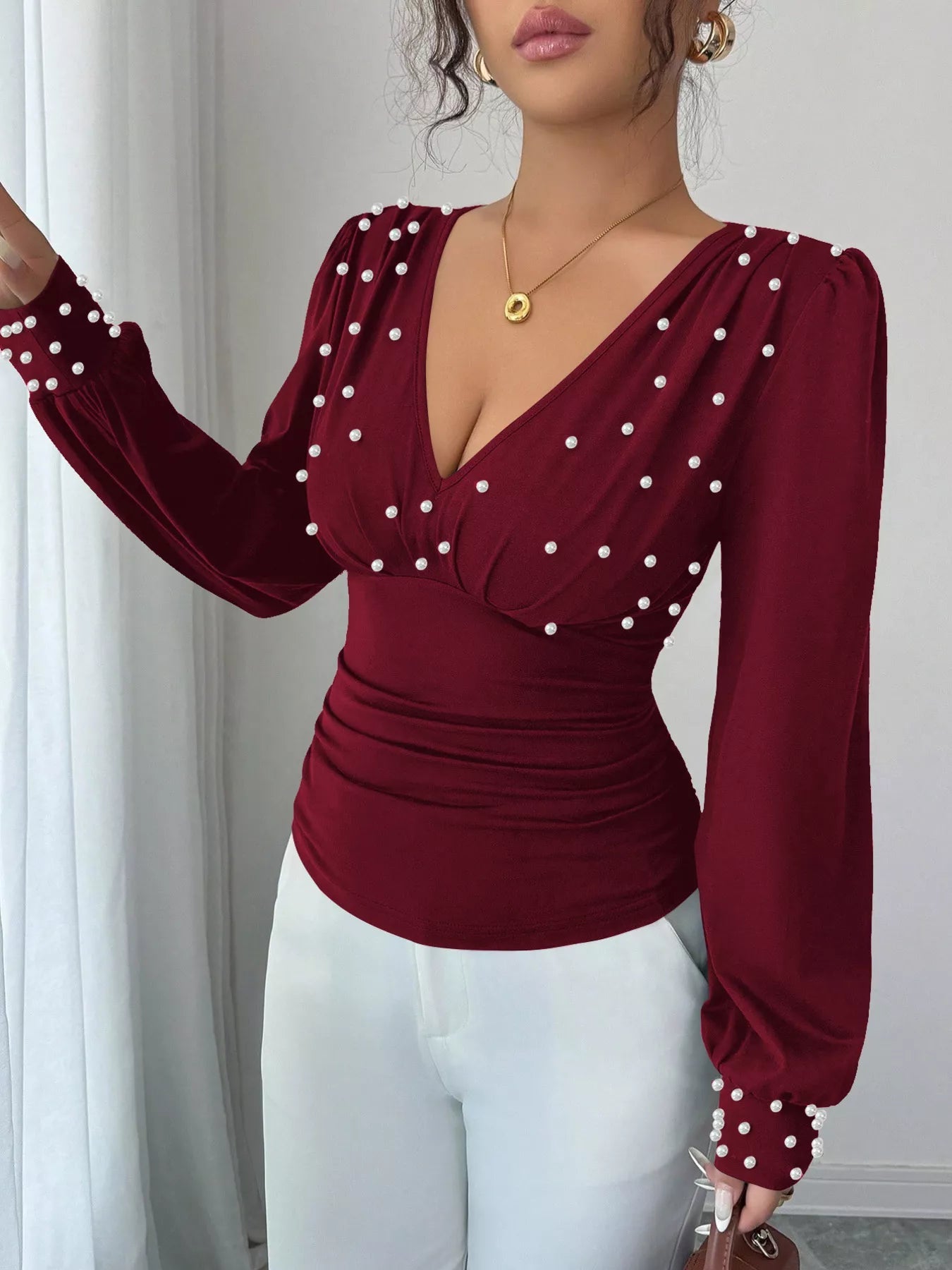 Pearl Embellished V - Neck Blouse designed for comfort and style at Lookzlike