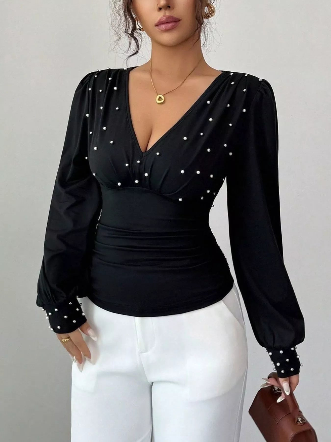 Pearl Embellished V - Neck Blouse designed for comfort and style at Lookzlike