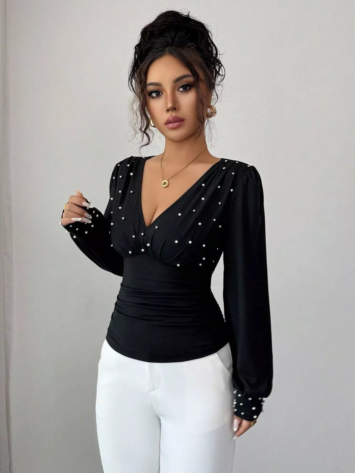 Pearl Embellished V - Neck Blouse designed for comfort and style at Lookzlike