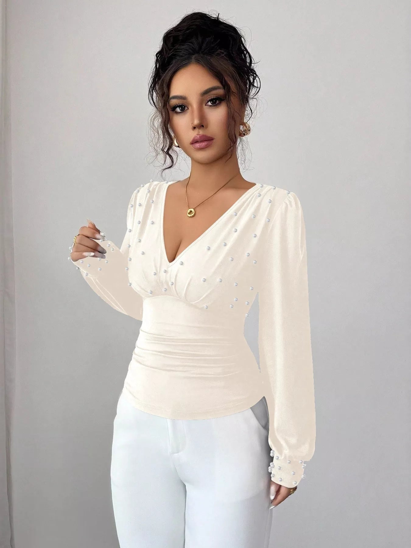 Pearl Embellished V - Neck Blouse designed for comfort and style at Lookzlike