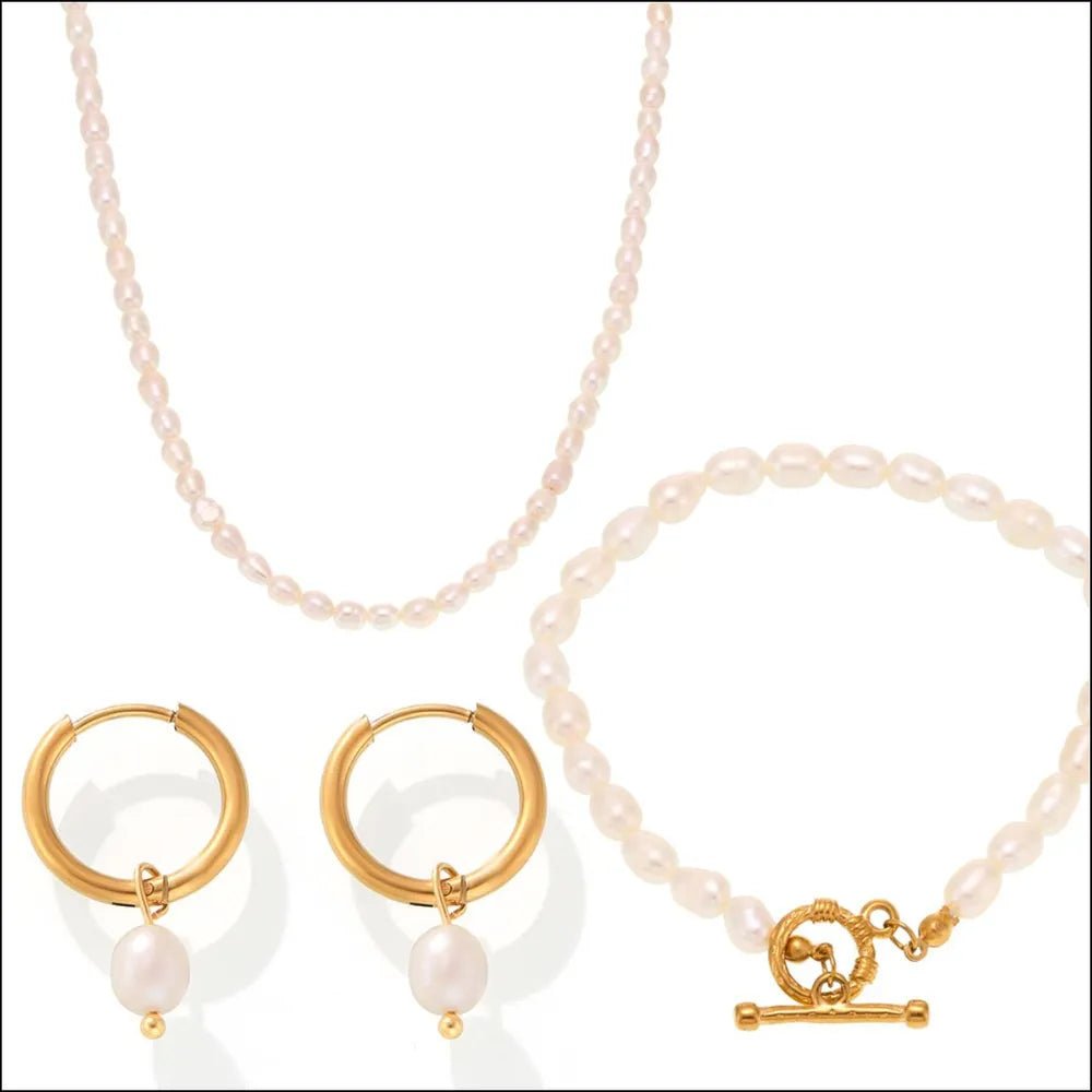 Pearl Necklace, Bracelet and Earrings 4-Piece Jewelry Set - Lookzlike