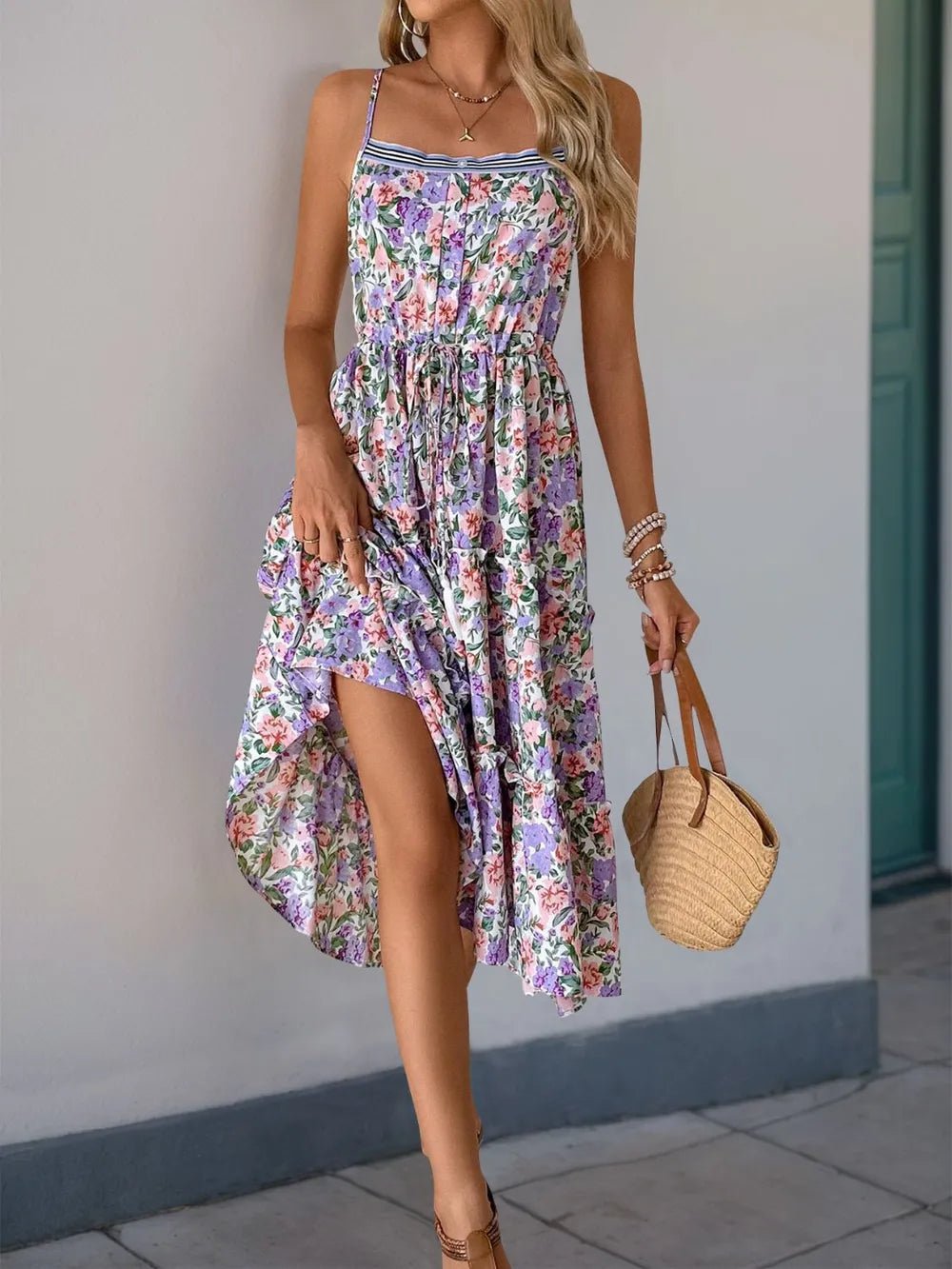 Perfee Decor Button Printed Sleeveless Tiered Midi Dress - Lookzlike