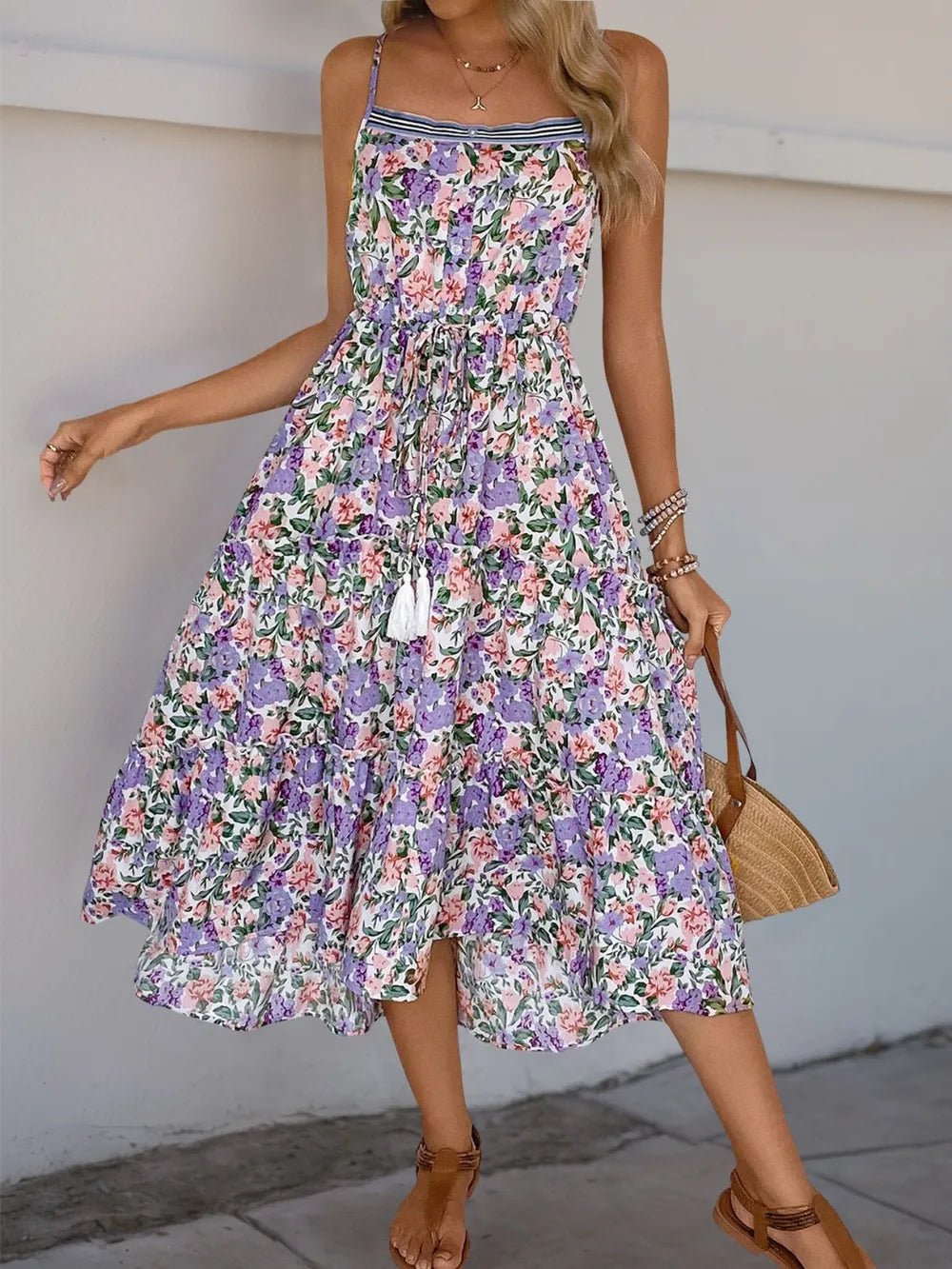 Perfee Decor Button Printed Sleeveless Tiered Midi Dress - Lookzlike