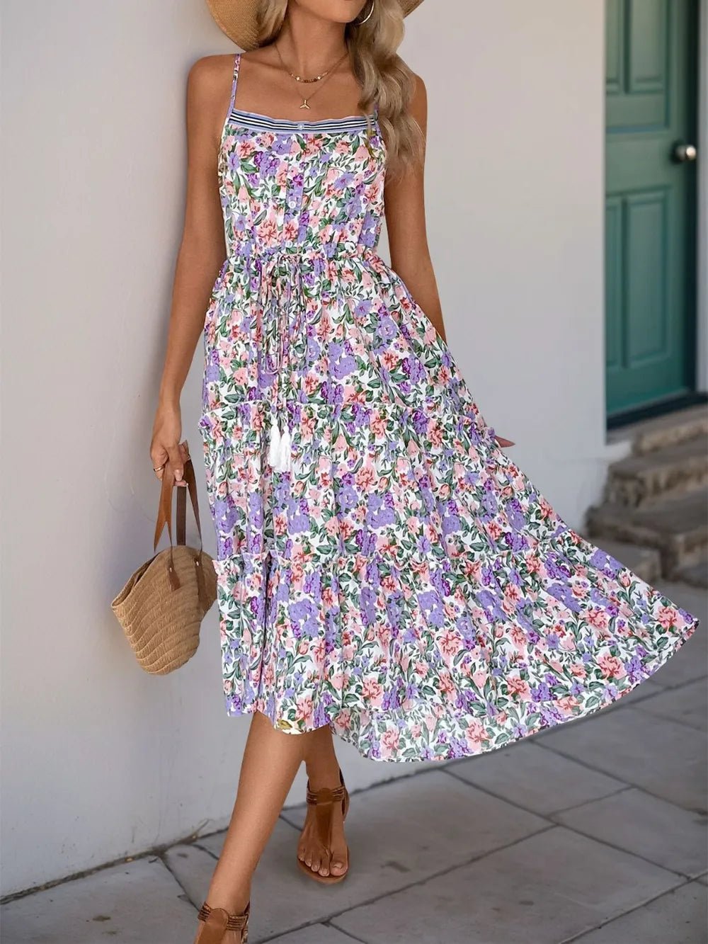 Perfee Decor Button Printed Sleeveless Tiered Midi Dress - Lookzlike