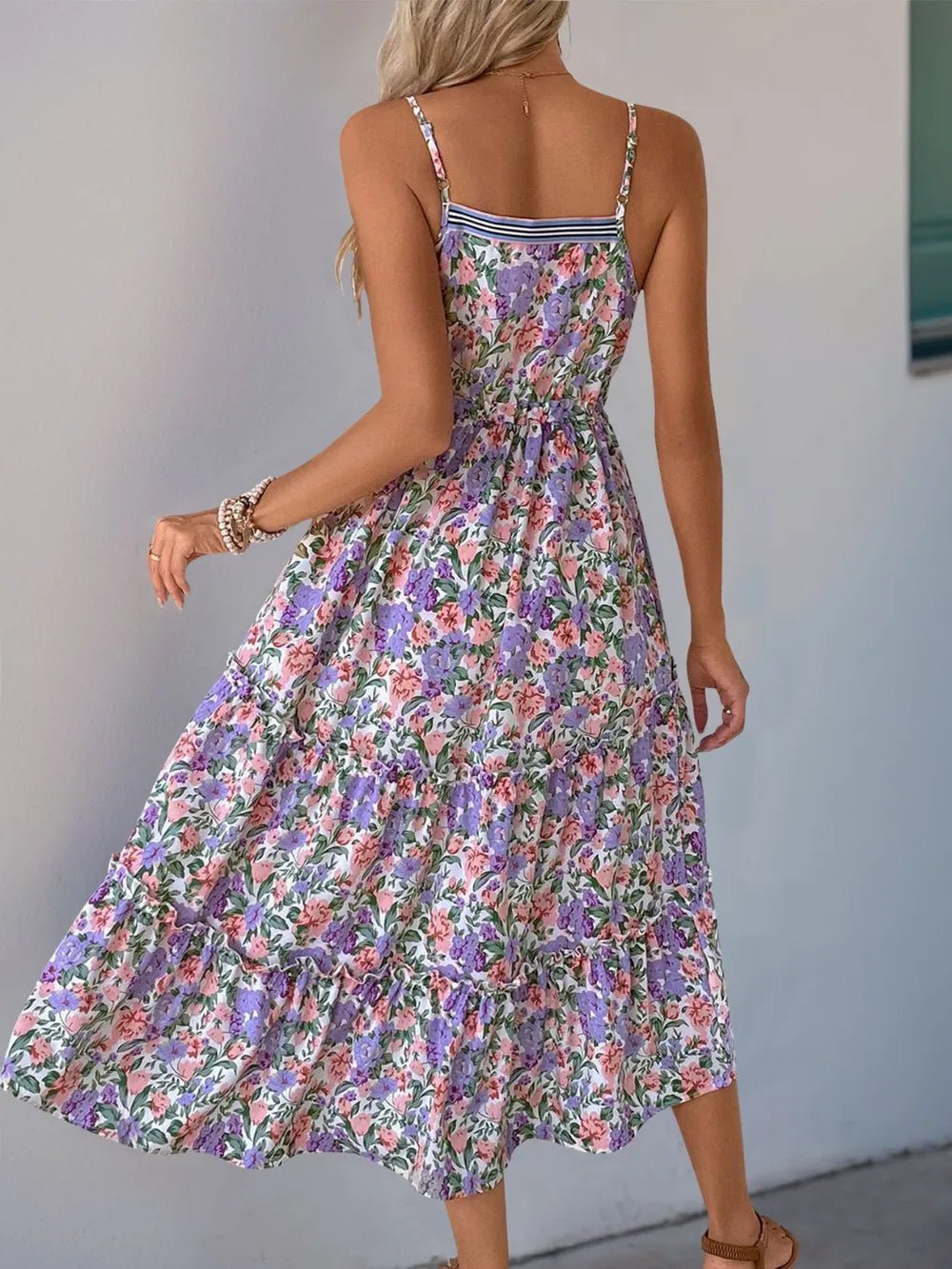 Perfee Decor Button Printed Sleeveless Tiered Midi Dress - Lookzlike