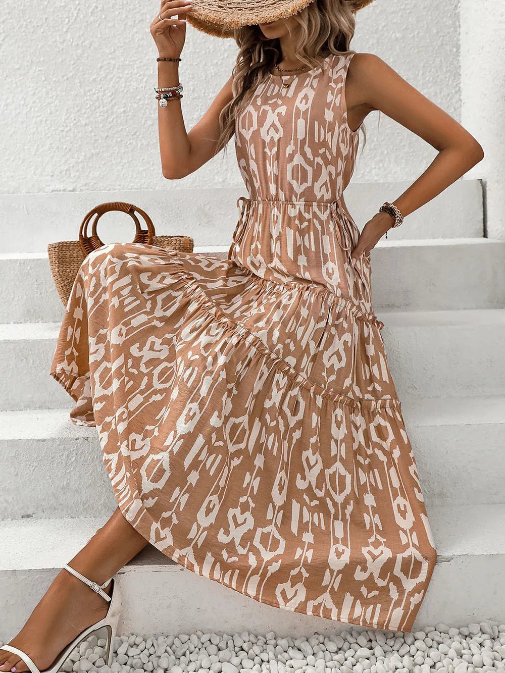 Perfee Frill Cutout Printed Round Neck Sleeveless Dress designed for comfort and style at Lookzlike