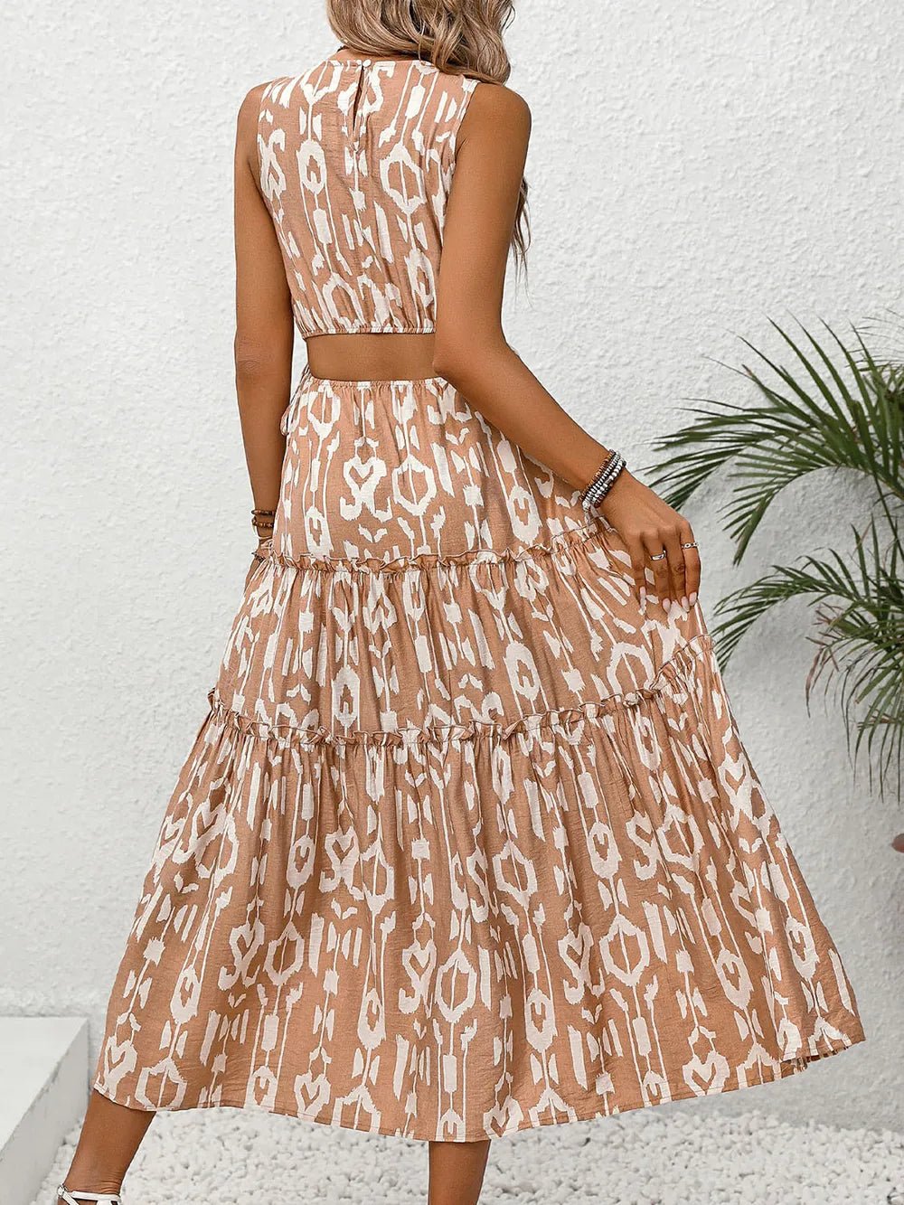 Perfee Frill Cutout Printed Round Neck Sleeveless Dress designed for comfort and style at Lookzlike